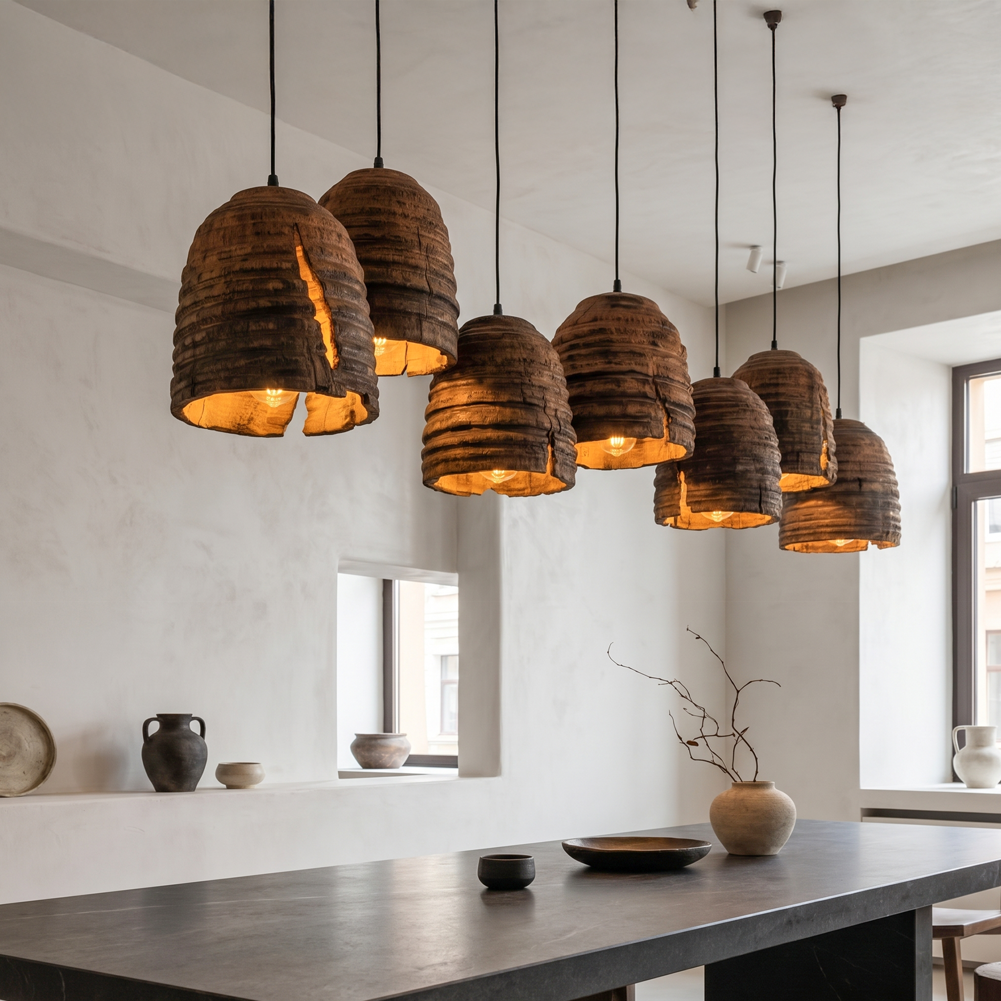 Modern Contemporary Pendant Lamp With Textured Wooden Design For Kitchen Island