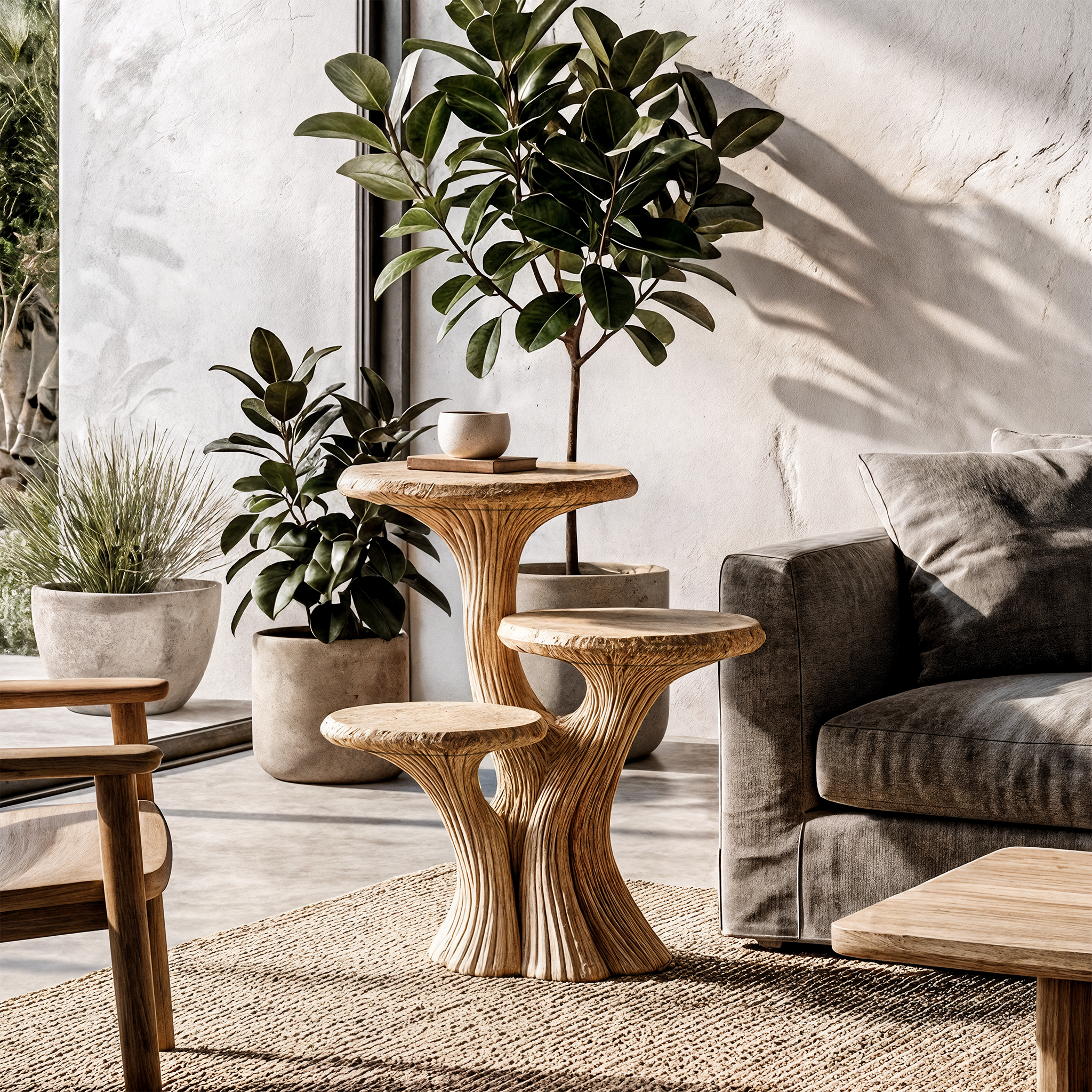 Contemporary Tiered Side Table With Sculptural Solid Wood Design For Living Room And Bedroom