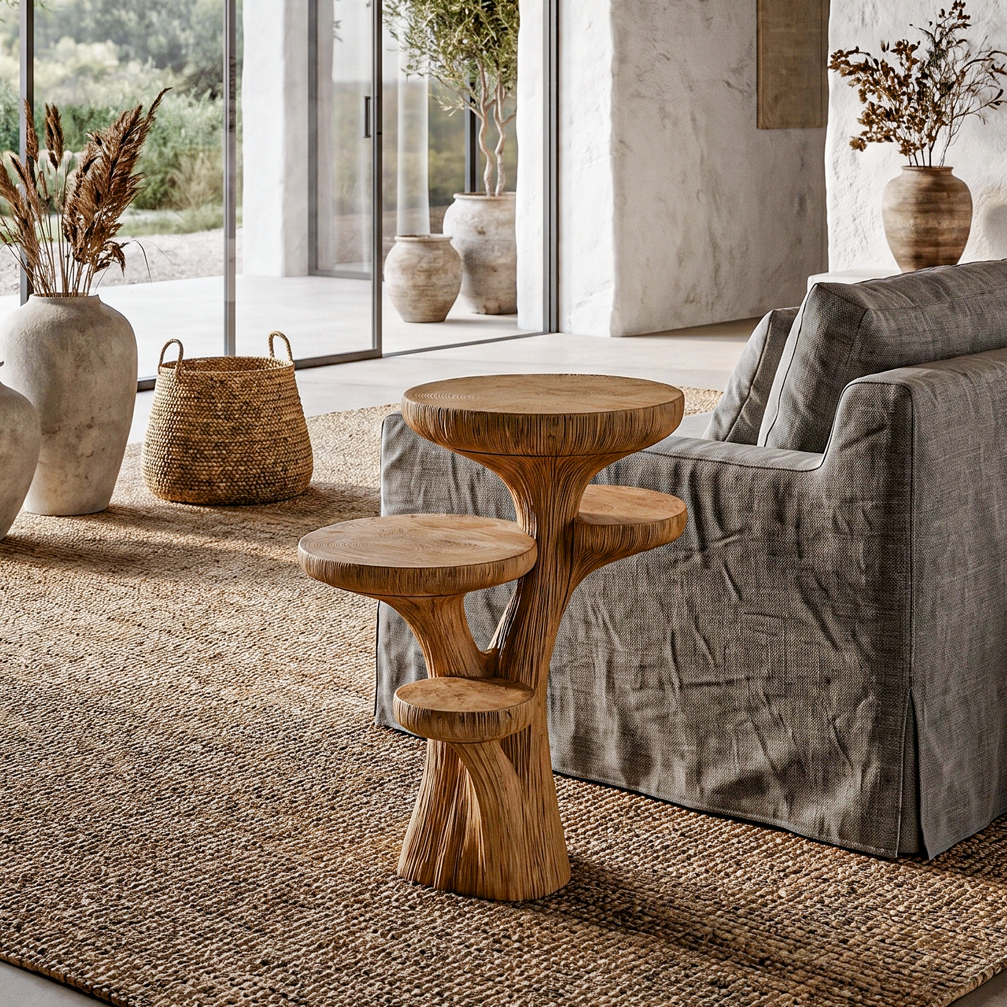 Rustic Sculptural Side Table With Handcrafted Solid Wood Pedestal Base For Living Room And Bedroom