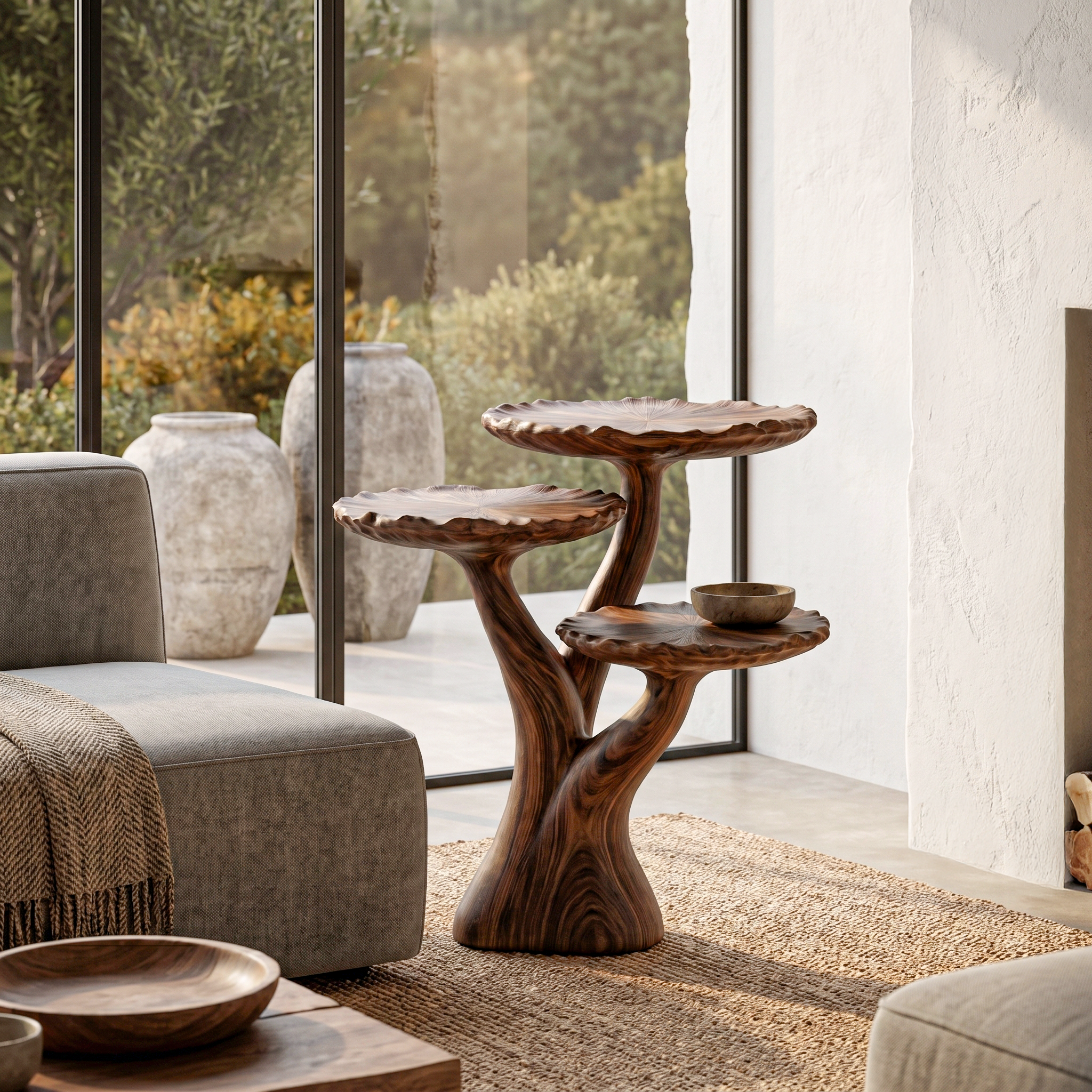 Organic Sculptural Side Table With Multi Tier Solid Wood Shelves For Living Room And Bedroom