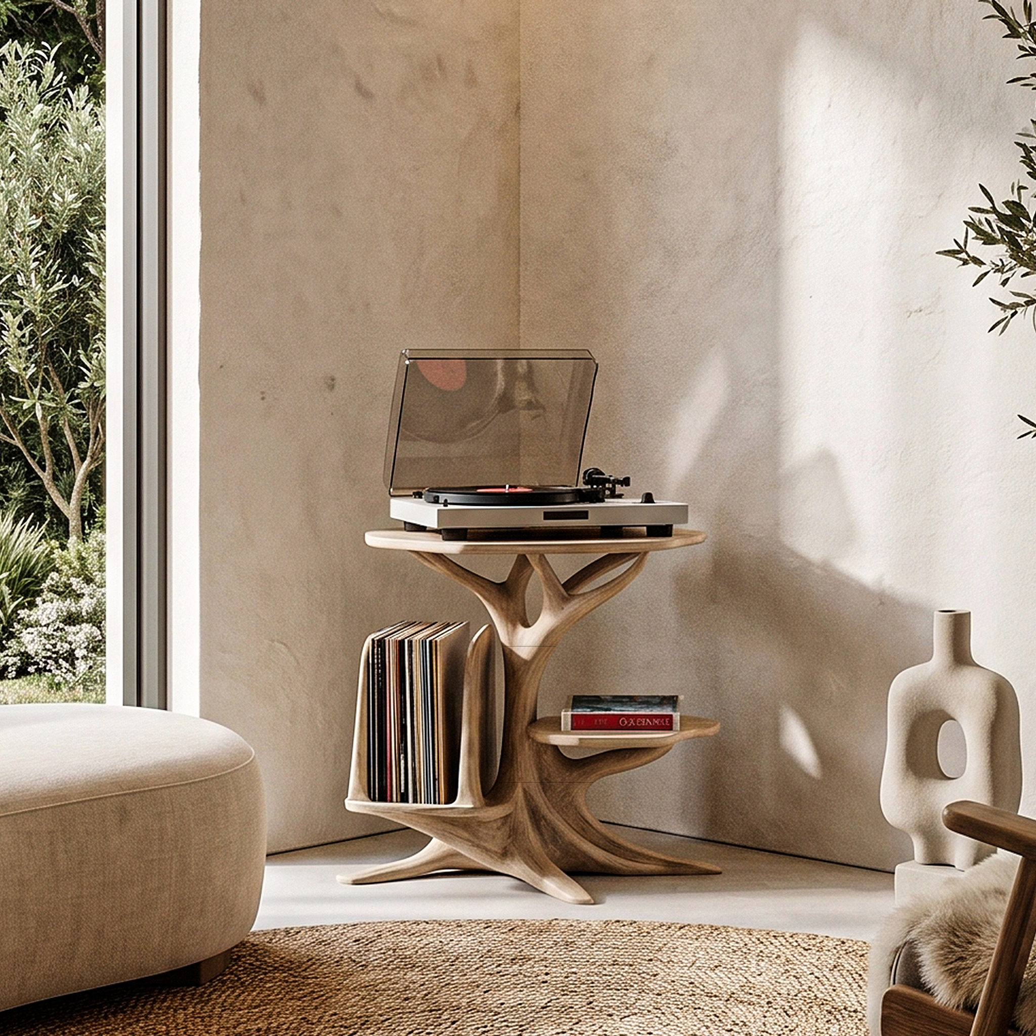 Modern Record Player Stand With Sculptural Solid Wood Base And Vinyl Storage For Living Room