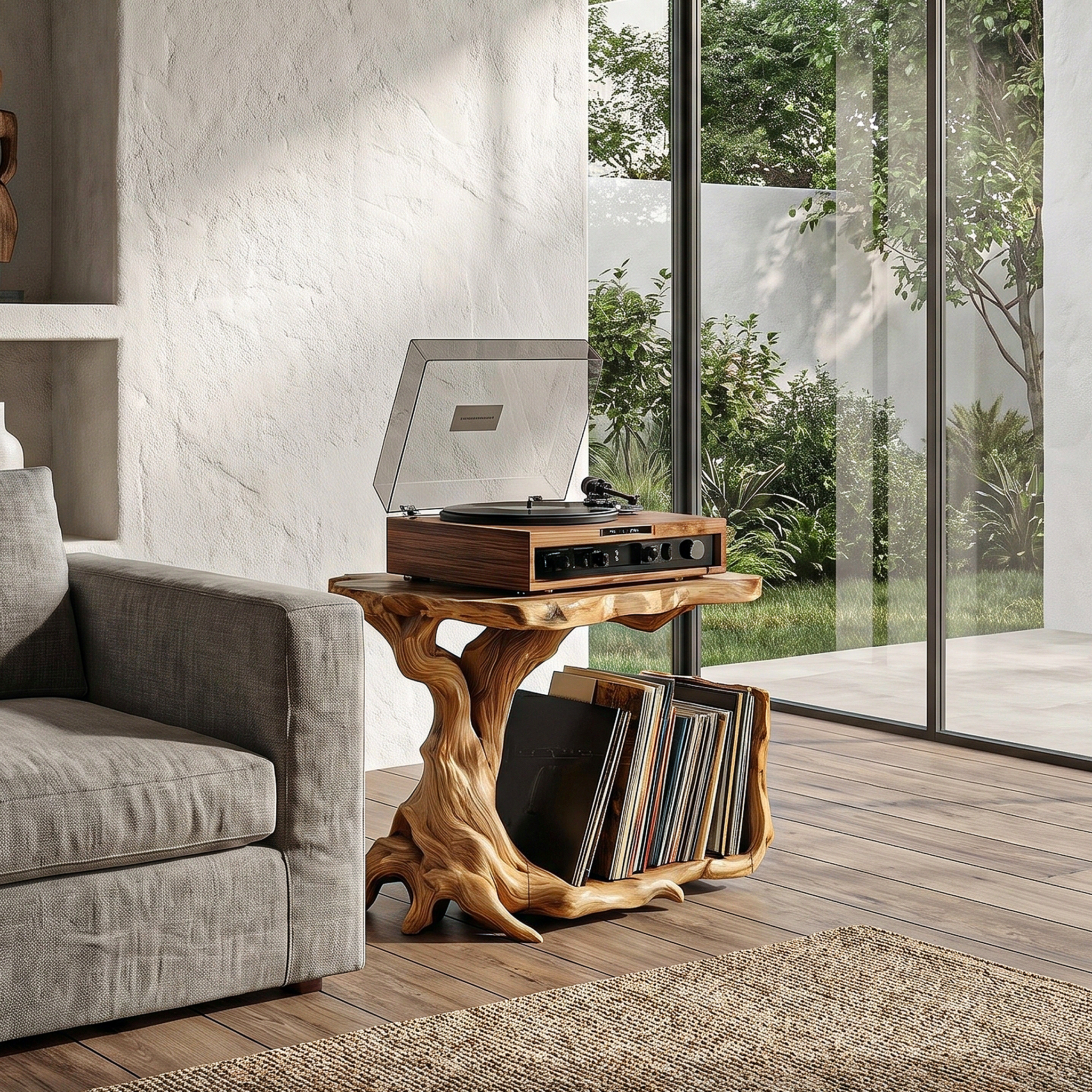 Rustic Record Player Stand With Tree Root Solid Wood Base And Vinyl Storage For Living Room