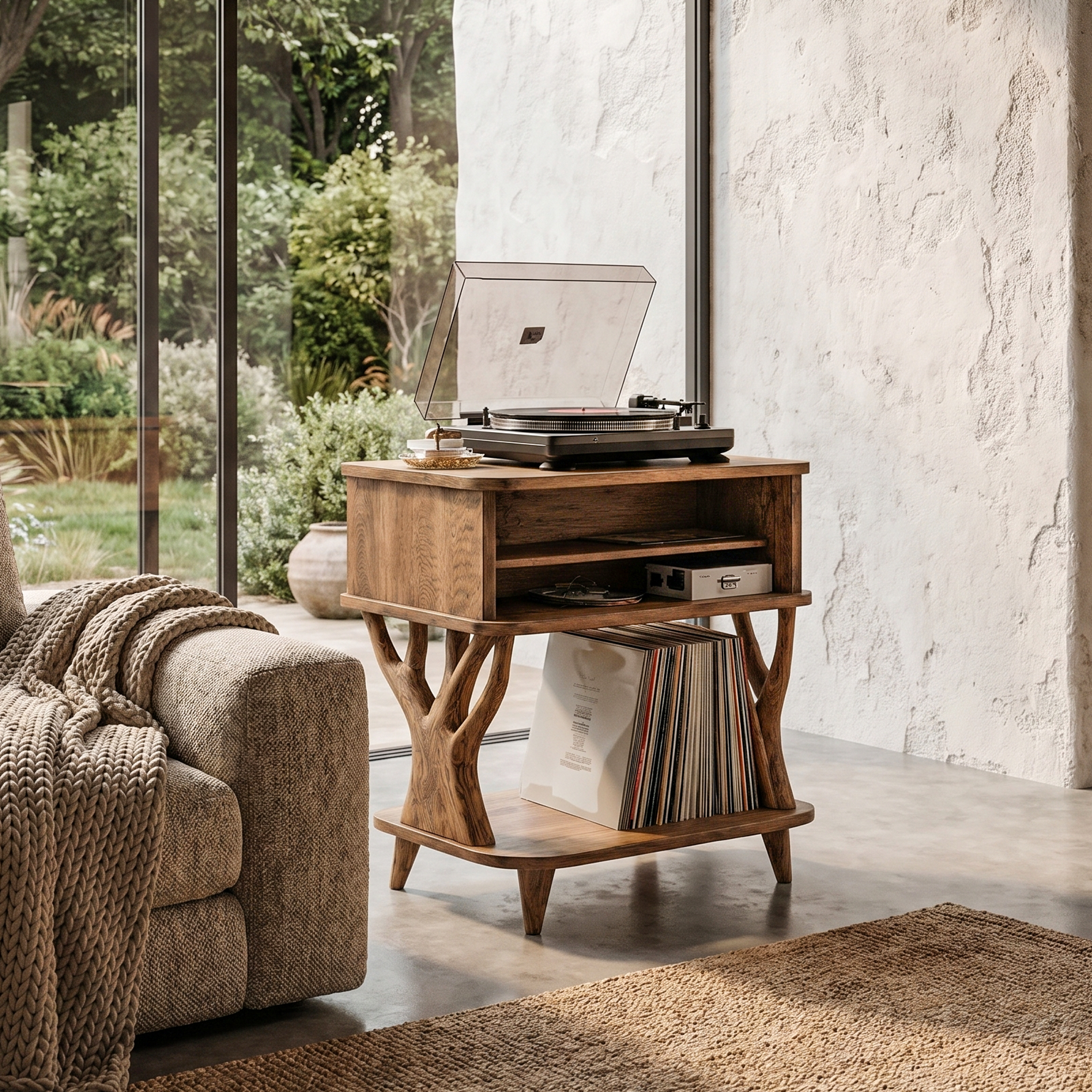 Organic Record Player Stand With Built In Drawer Storage And Vinyl Shelf For Living Room
