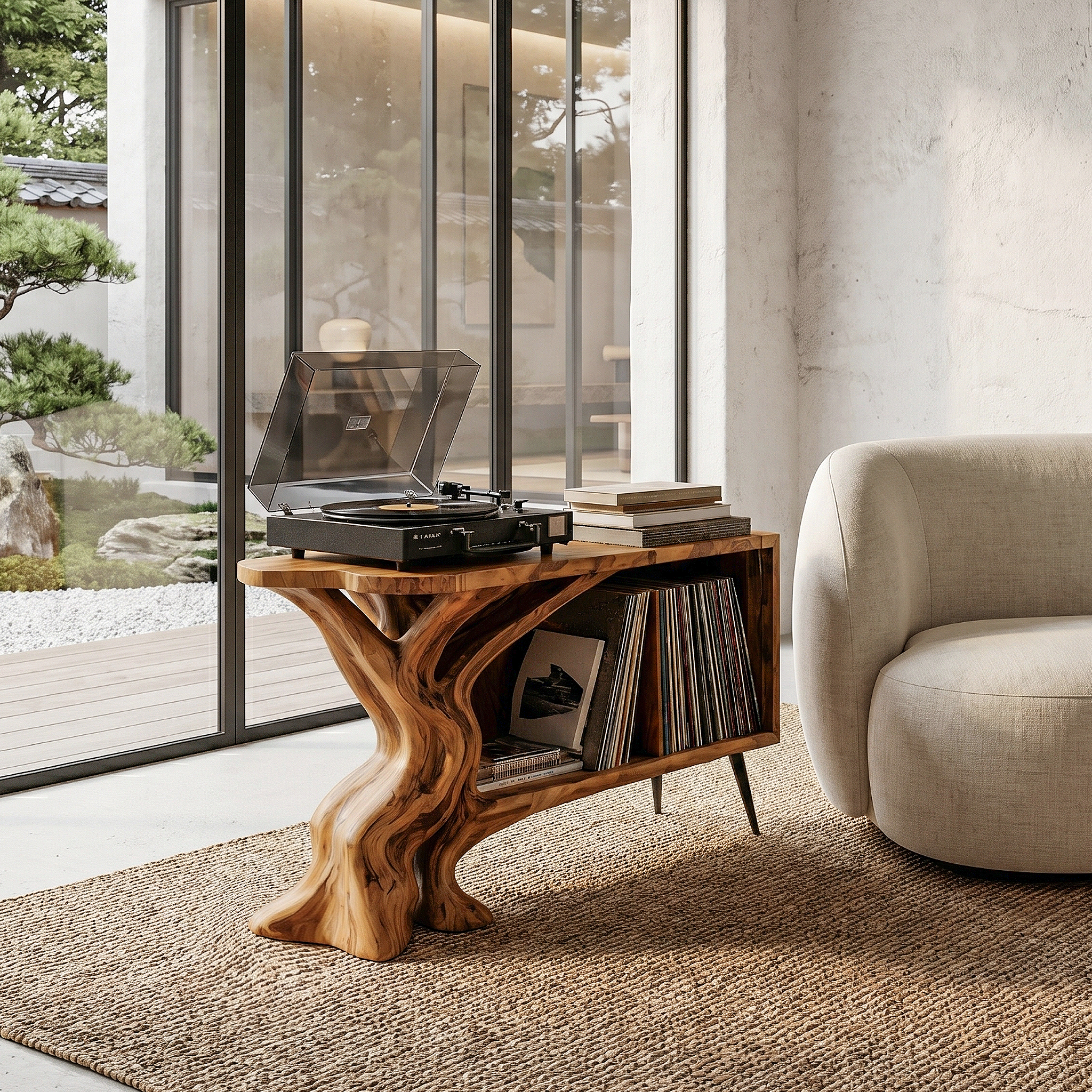 Organic Record Player Stand With Sculptural Tree Root Base And Vinyl Storage For Living Room