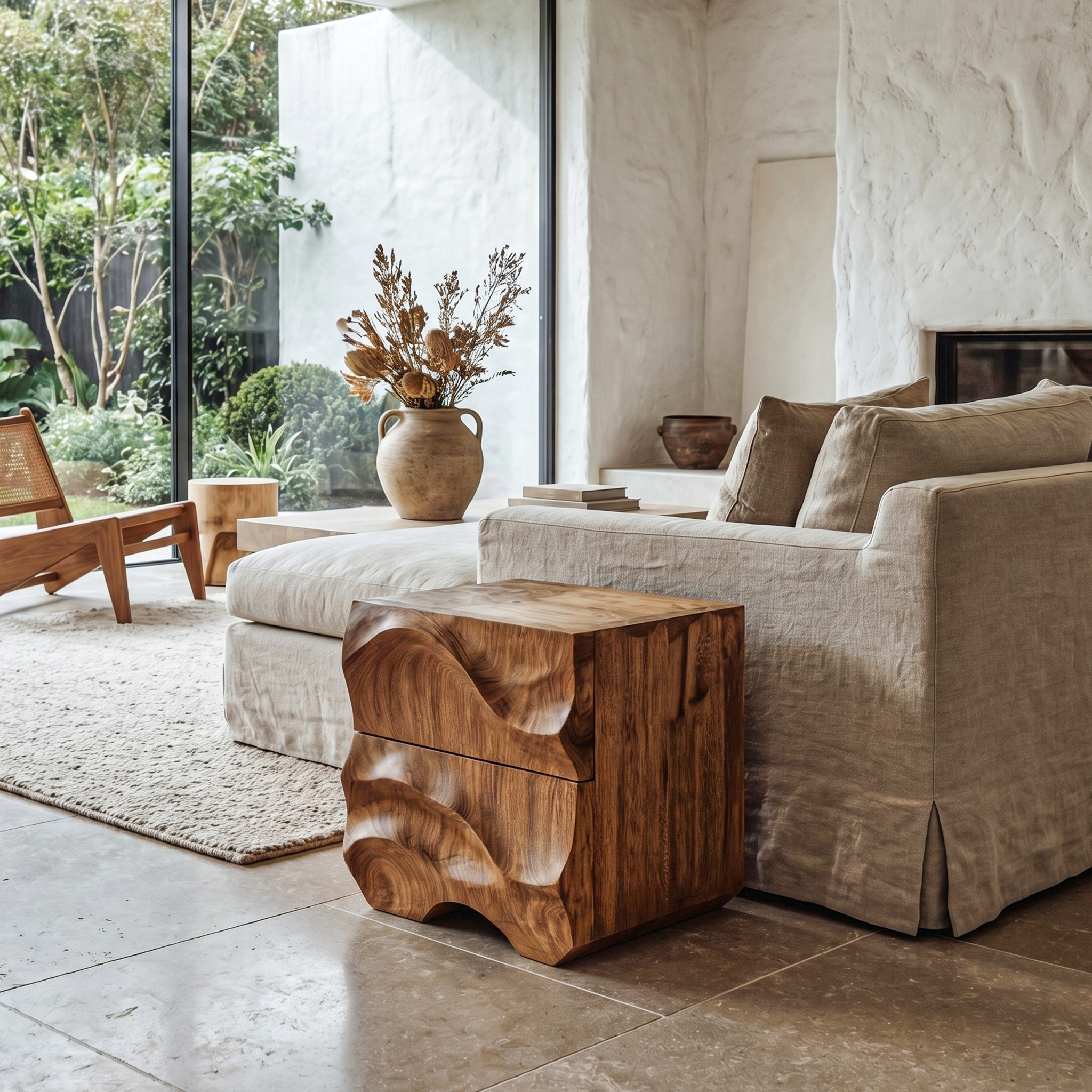 Rustic Sculptural Side Table With Hand Carved Solid Wood Base For Living Room And Bedroom