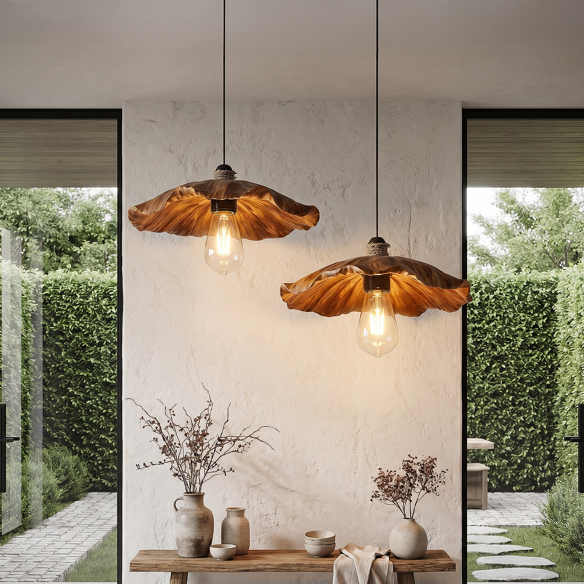 Bohemian Pendant Lamp With Wooden Leaf Shape Design For Living Room
