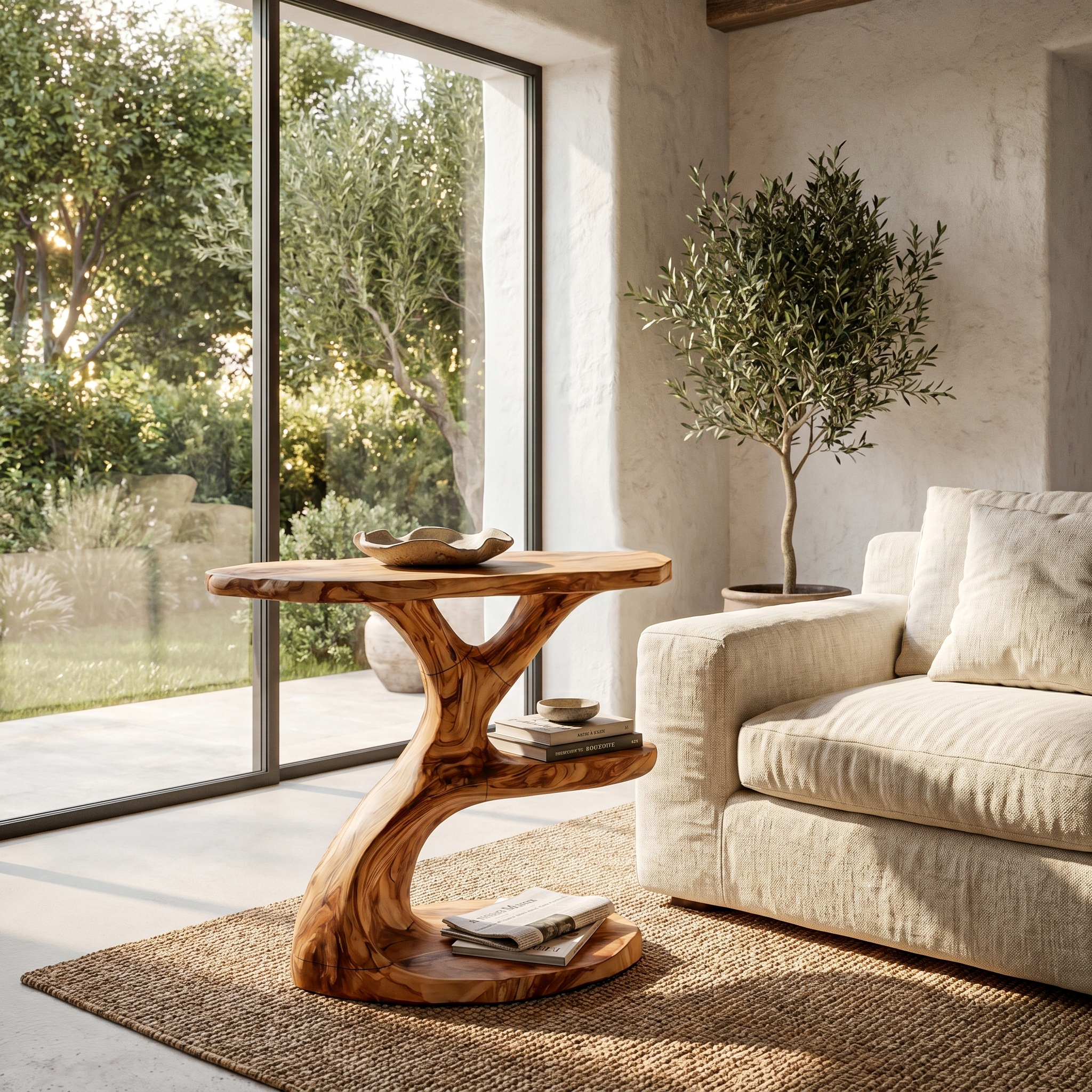 Organic Sculptural Side Table With Multi Tier Solid Wood Shelves For Living Room And Bedroom