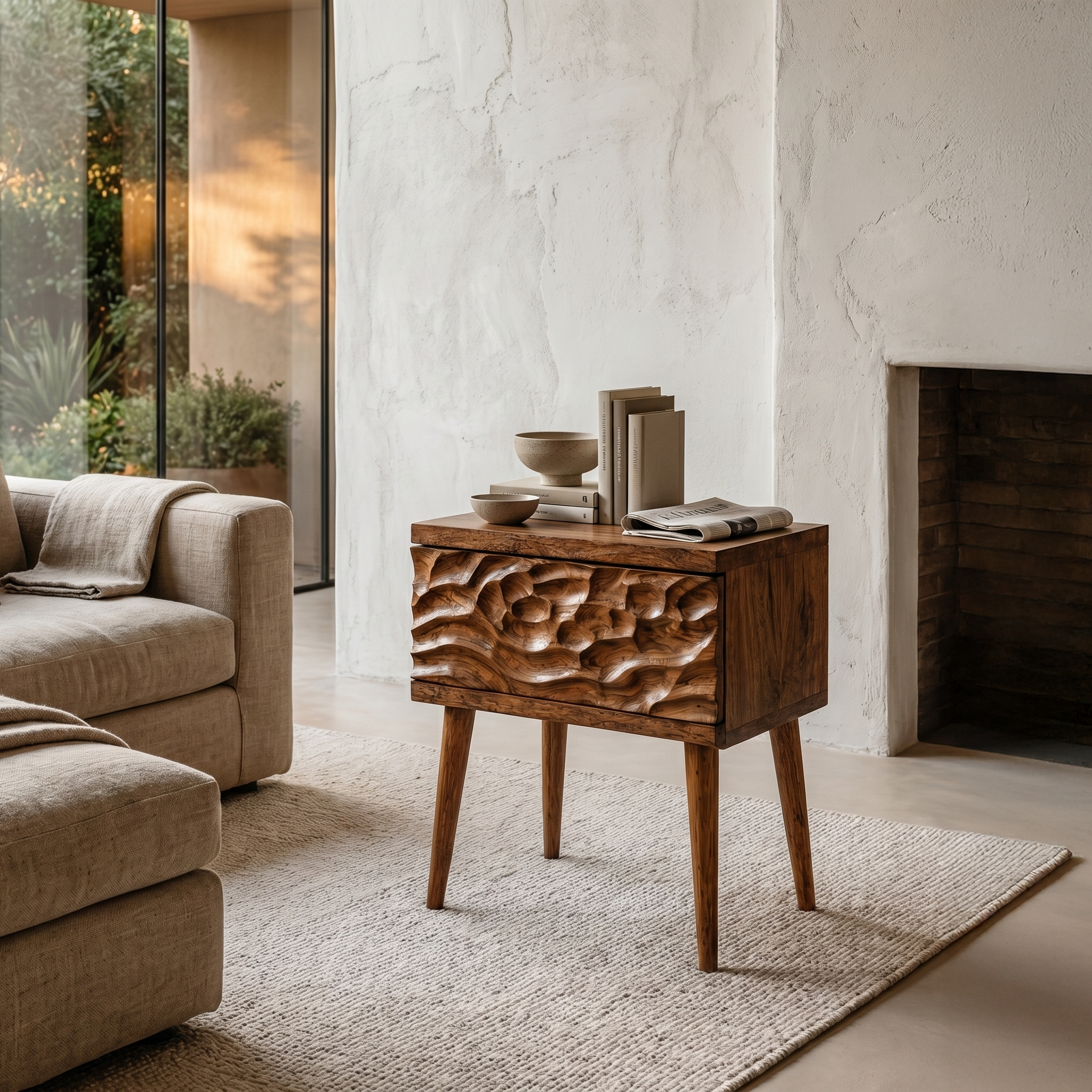 Mid Century Modern Side Table With Carved Wood Drawer And Open Shelf For Living Room And Bedroom