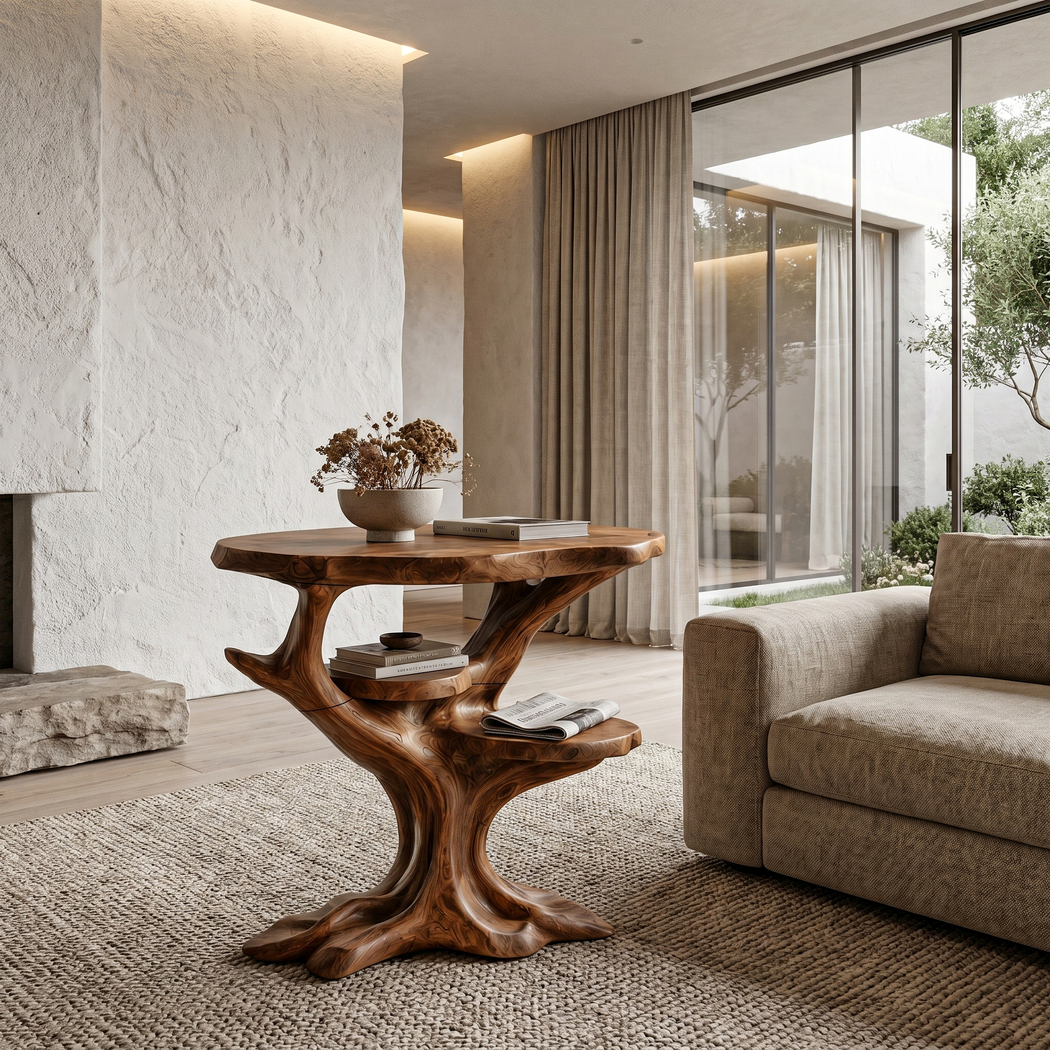 Organic Sculptural Side Table With Multi Tier Solid Wood Shelves For Living Room And Bedroom