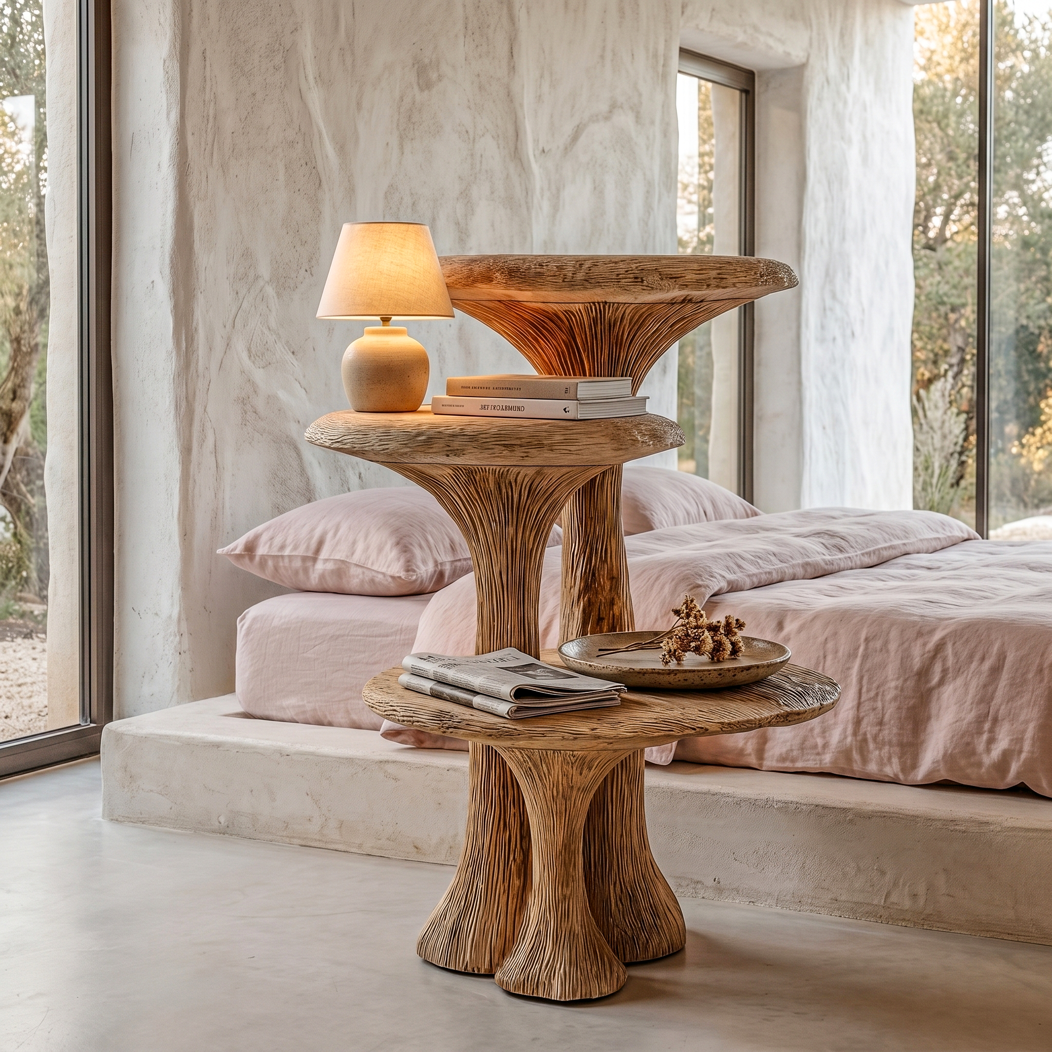 Organic Sculptural Nightstand With Multi Tier Solid Wood Shelves For Bedroom