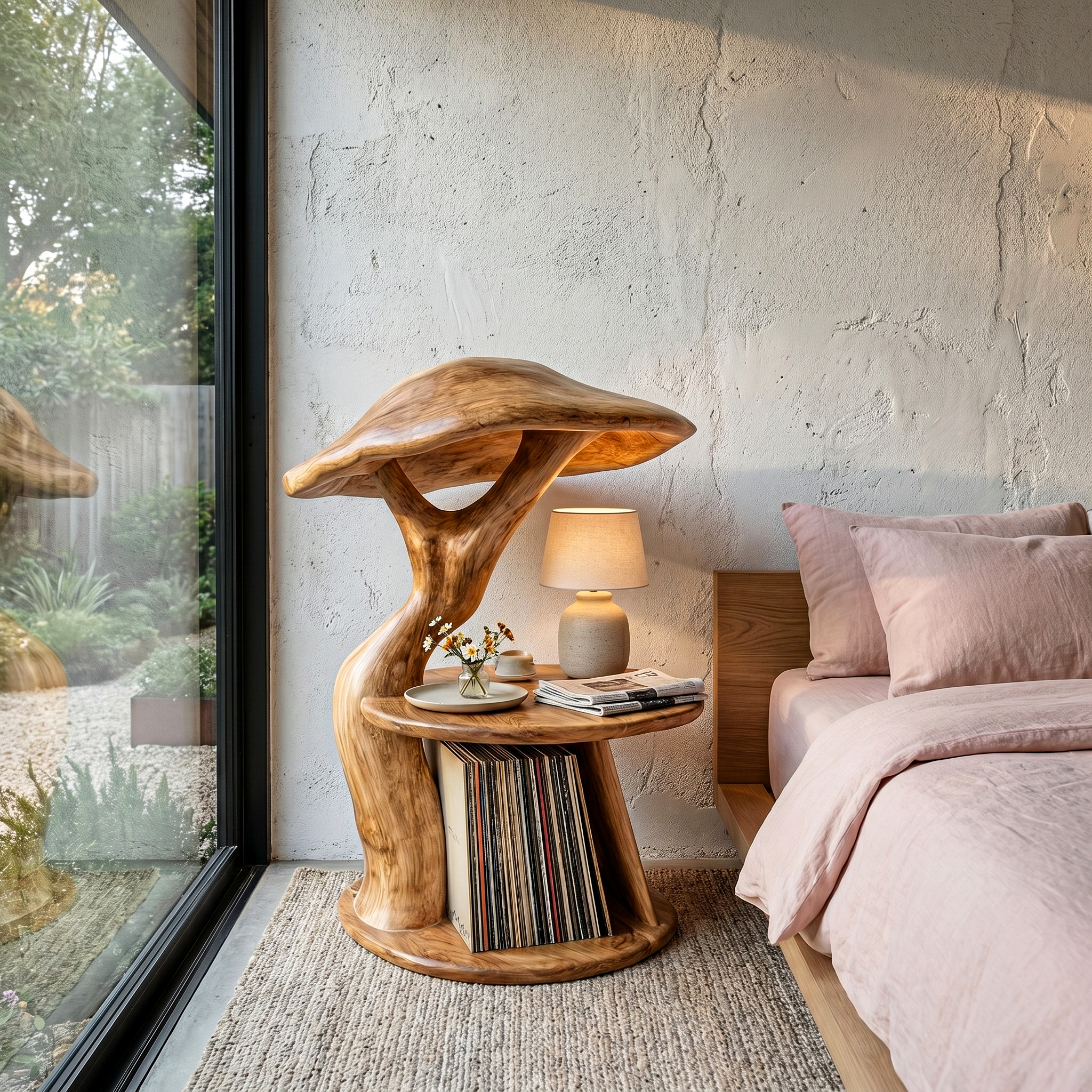 Organic Mushroom Nightstand With Sculptural Solid Wood Design And Vinyl Storage For Bedroom