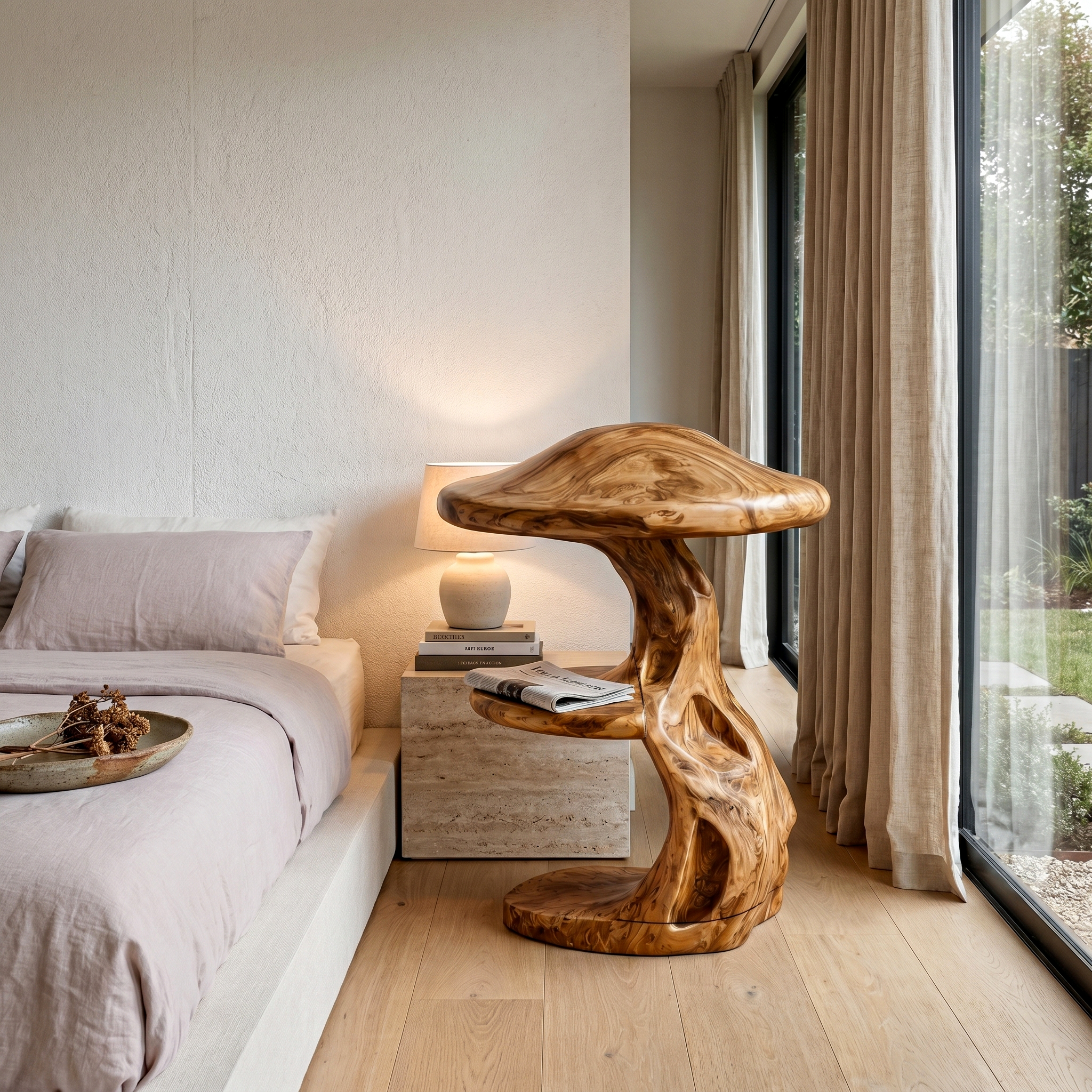 Rustic Mushroom Nightstand With Sculptural Tree Root Base And Built In Drawer For Bedroom