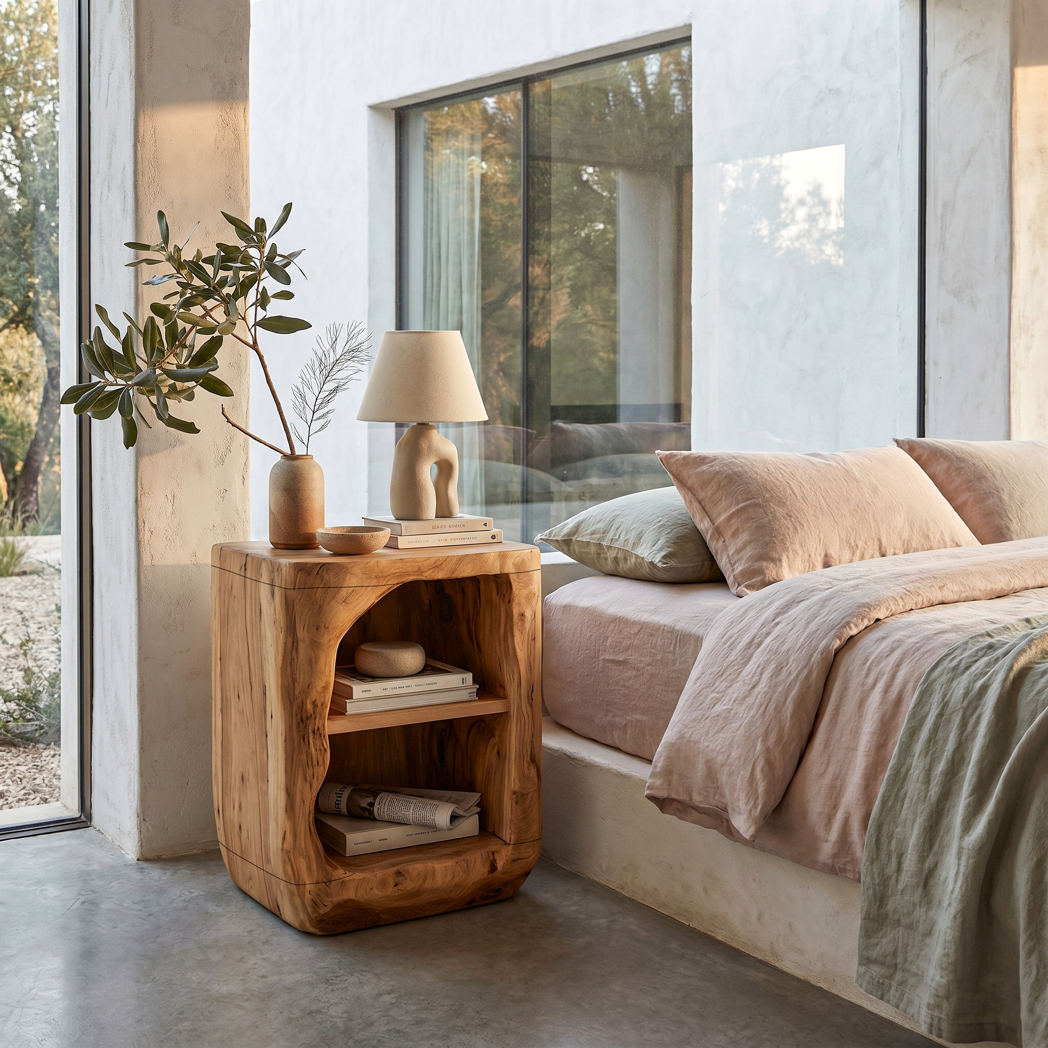 Rustic Nightstand With Open Shelf Storage For Bedroom
