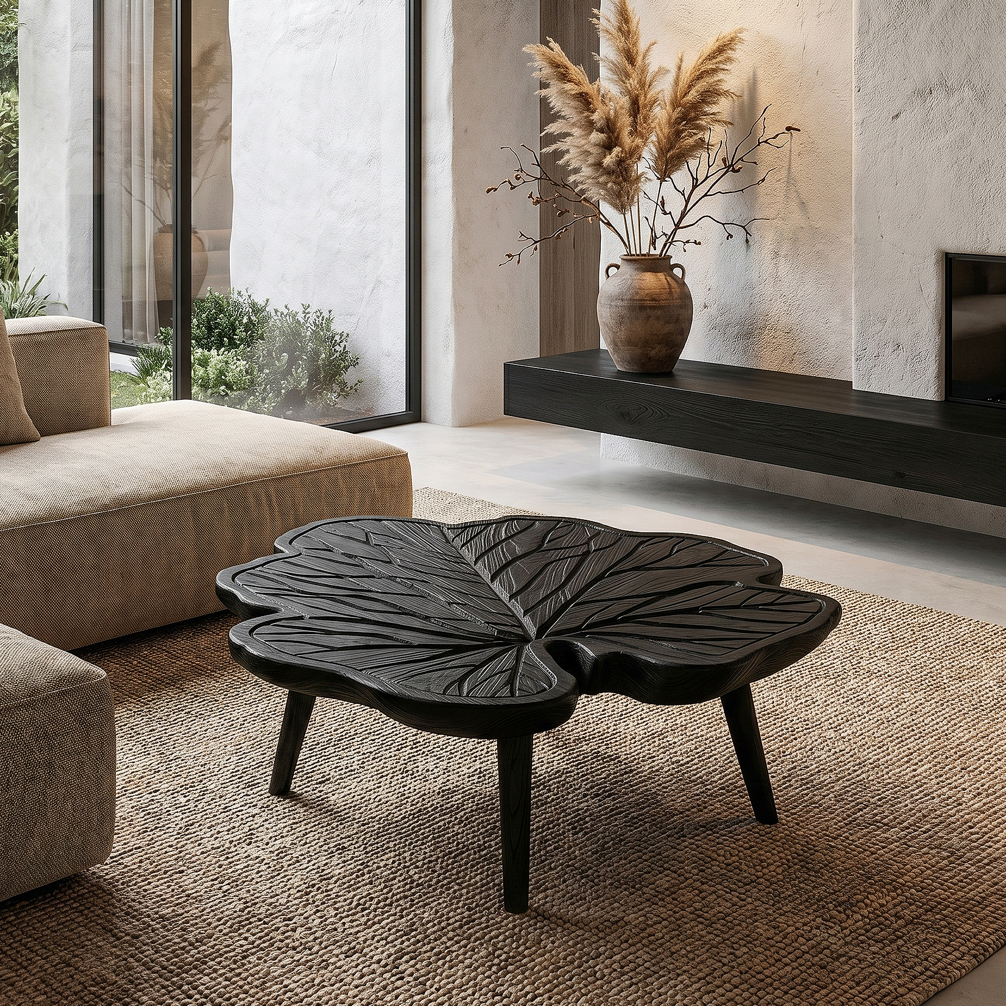Rustic Leaf Coffee Table With Hand Carved Solid Wood Design For Living Room