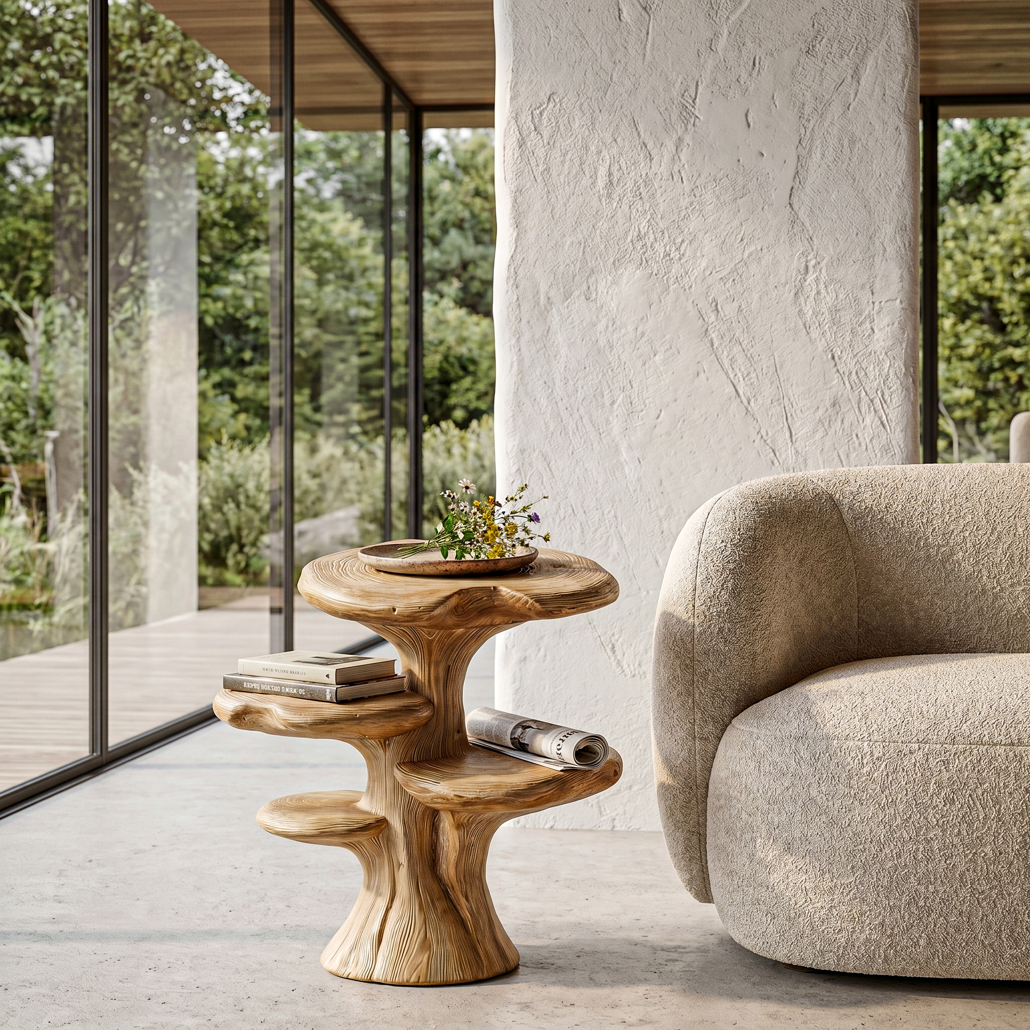 Organic Sculptural Beside Table With Tiered Solid Wood Shelves For Living Room