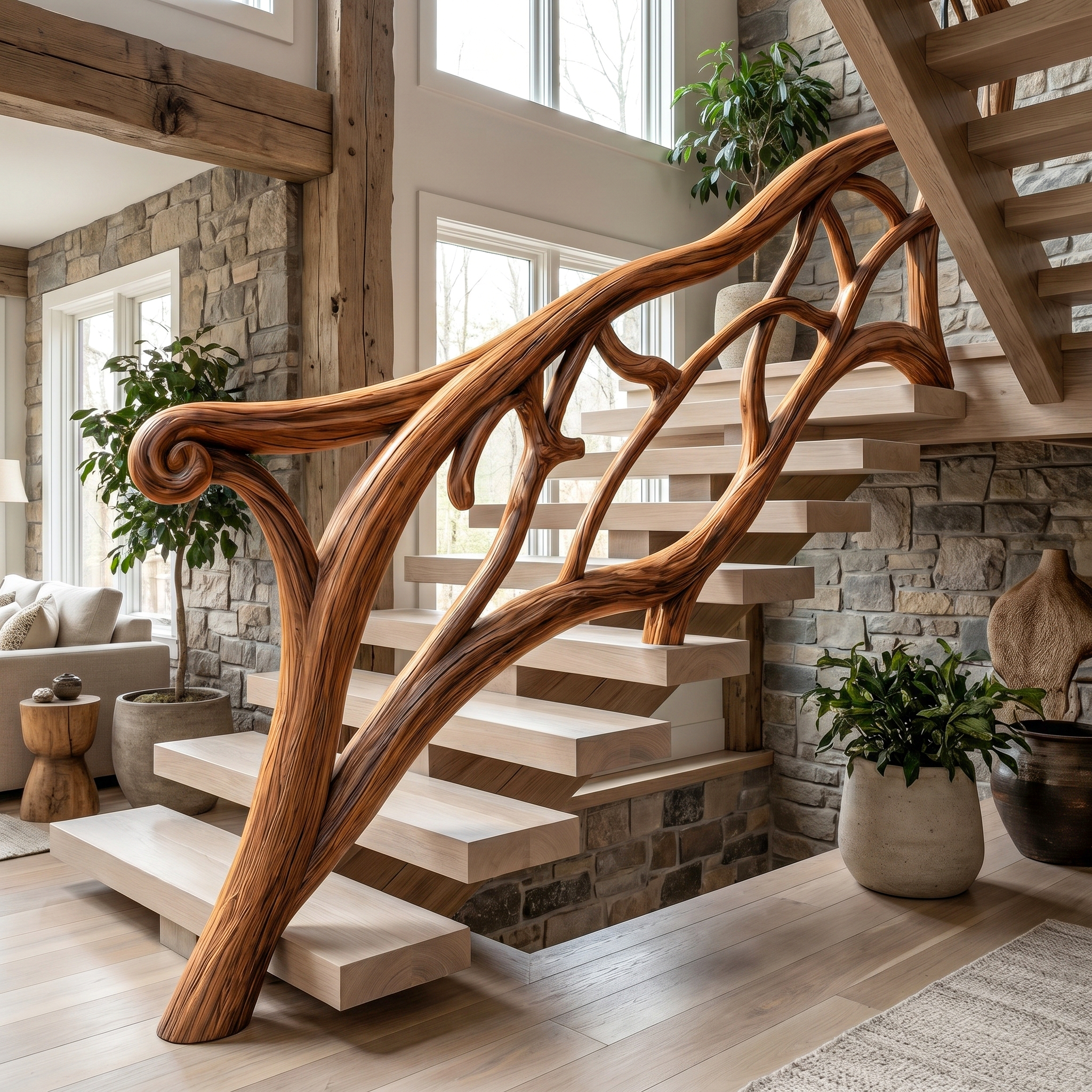 Artistic Tree Branch Stair Railing With Sculptural Wood Design For Interior Staircase