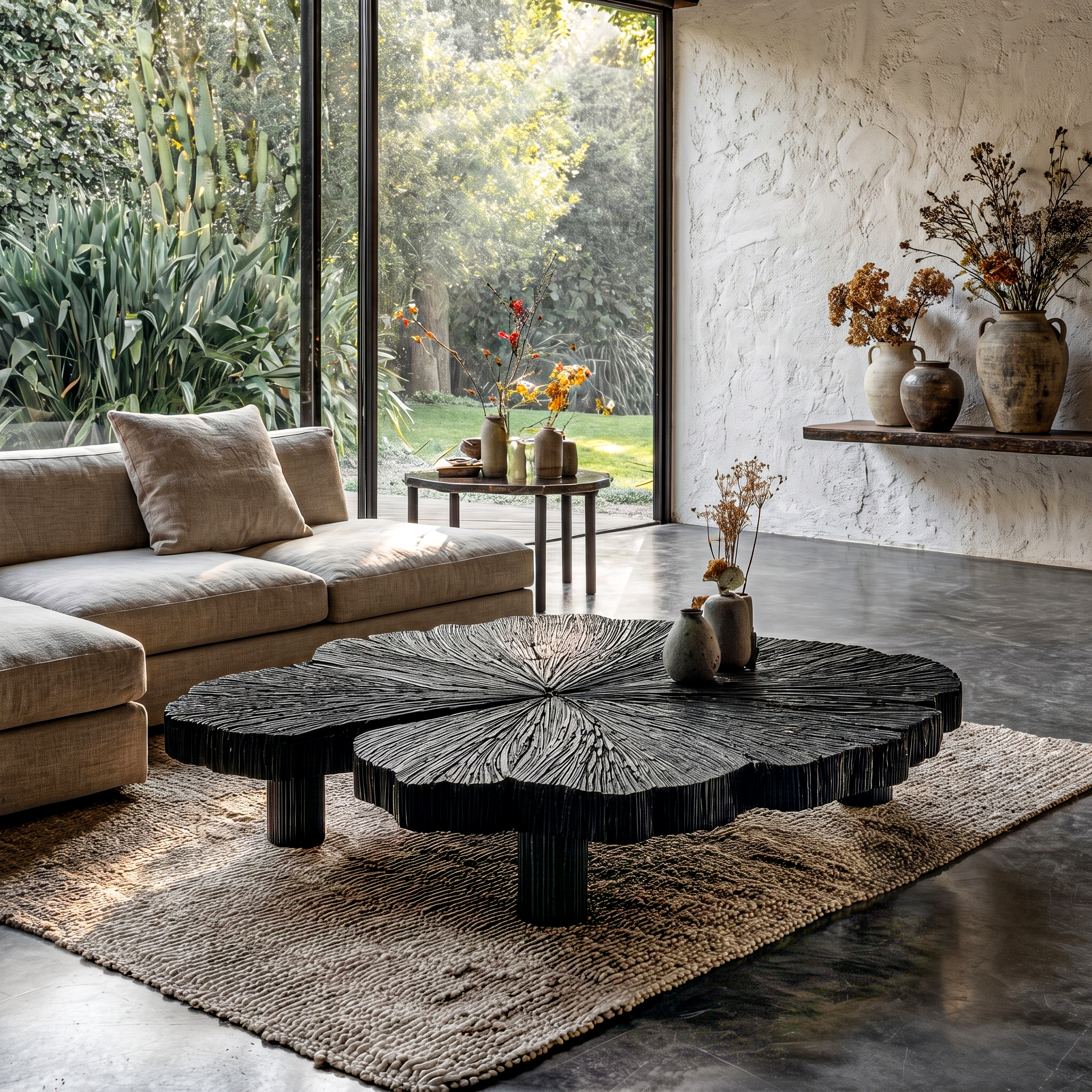 Rustic Coffee Table With Hand Carved Organic Wood Top And Chunky Pedestal Legs For Living Room