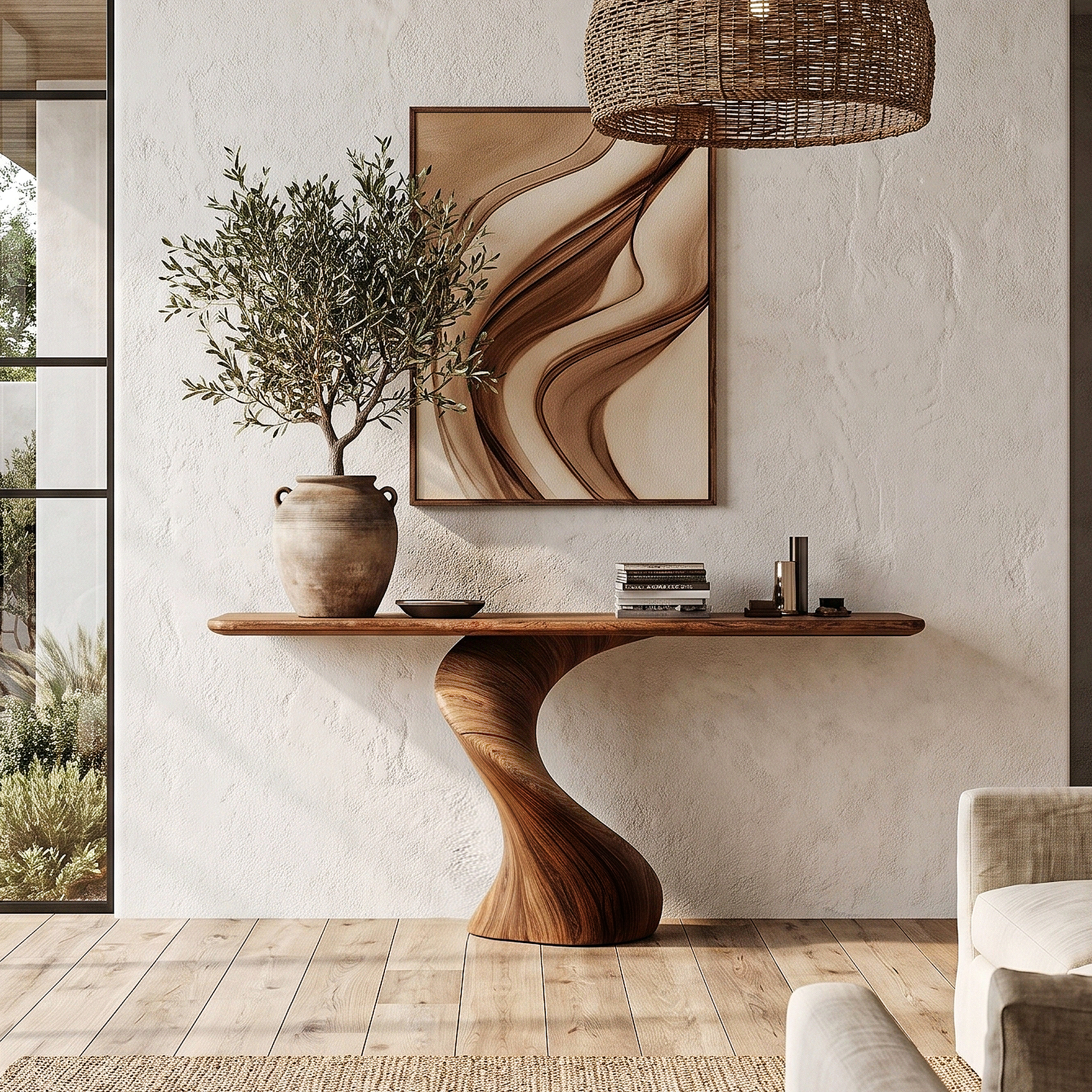Modern Organic Console Table With Sculptural Twisted Solid Wood Base For Entryway And Living Room