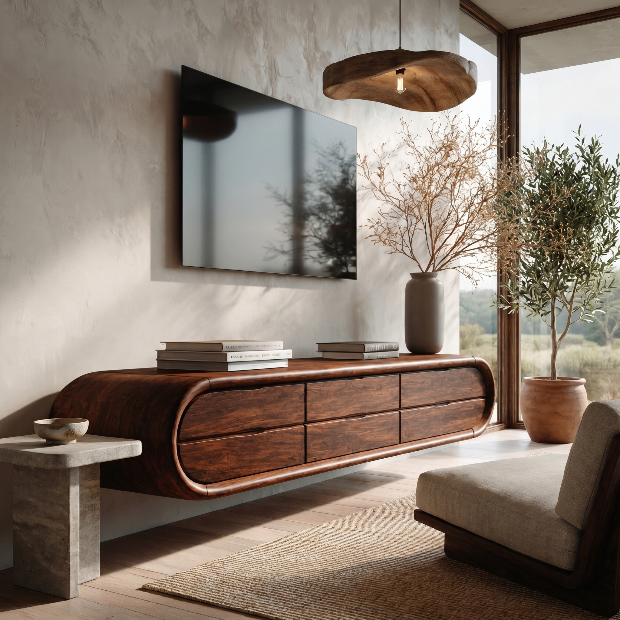 Organic Floating TV Cabinet With Sculptural Curved Wood Frame For Living Room