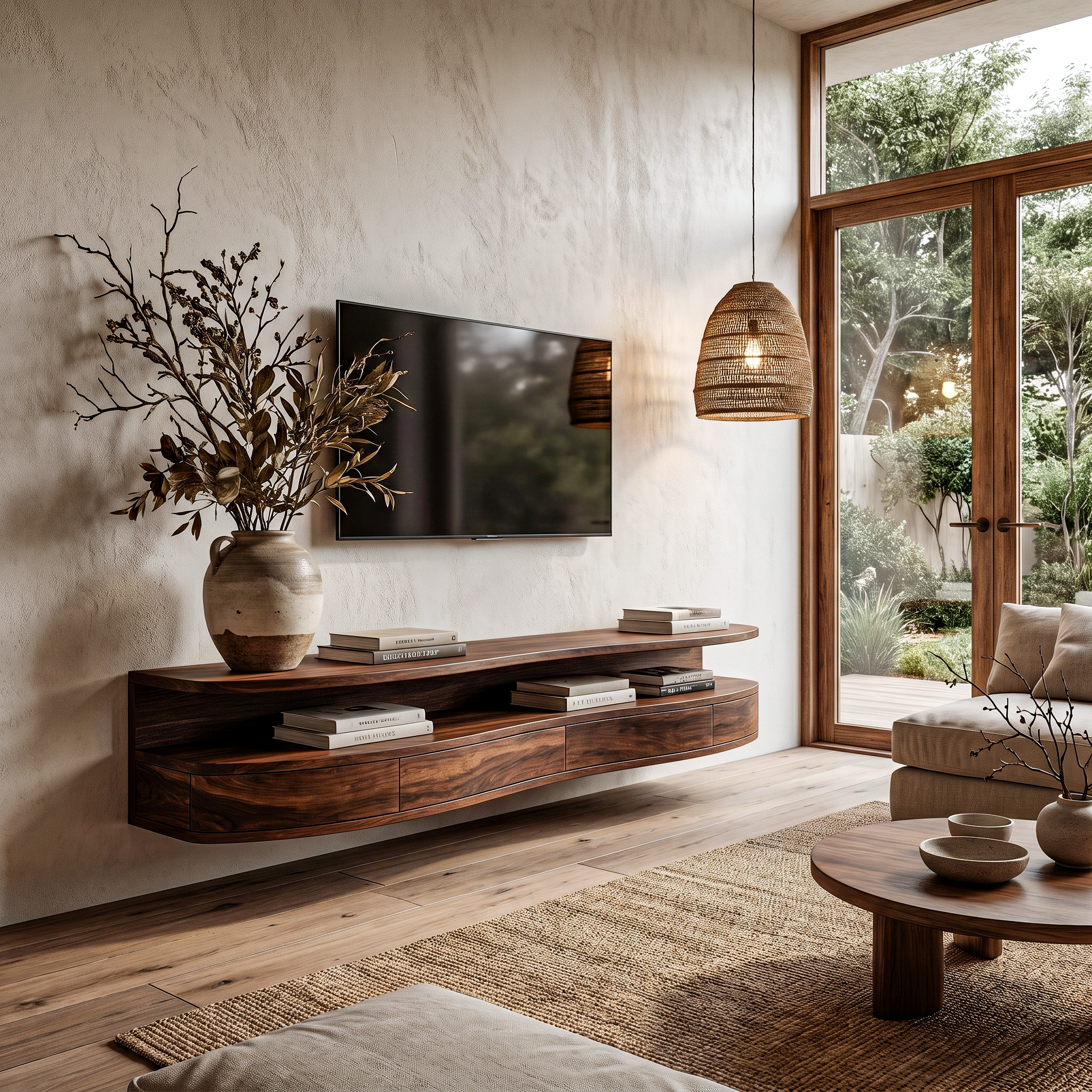 Contemporary Floating TV Stand With Built In Drawer Storage For Living Room
