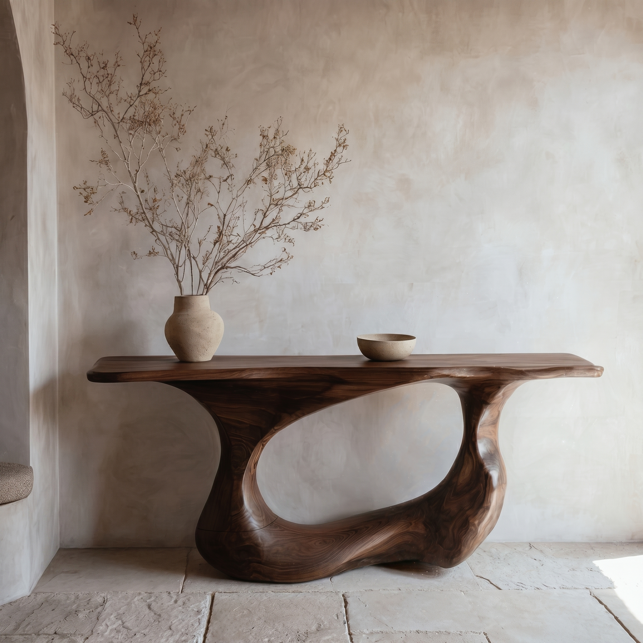 Contemporary Console Table With Artistic Open Loop Solid Wood Base For Living Room
