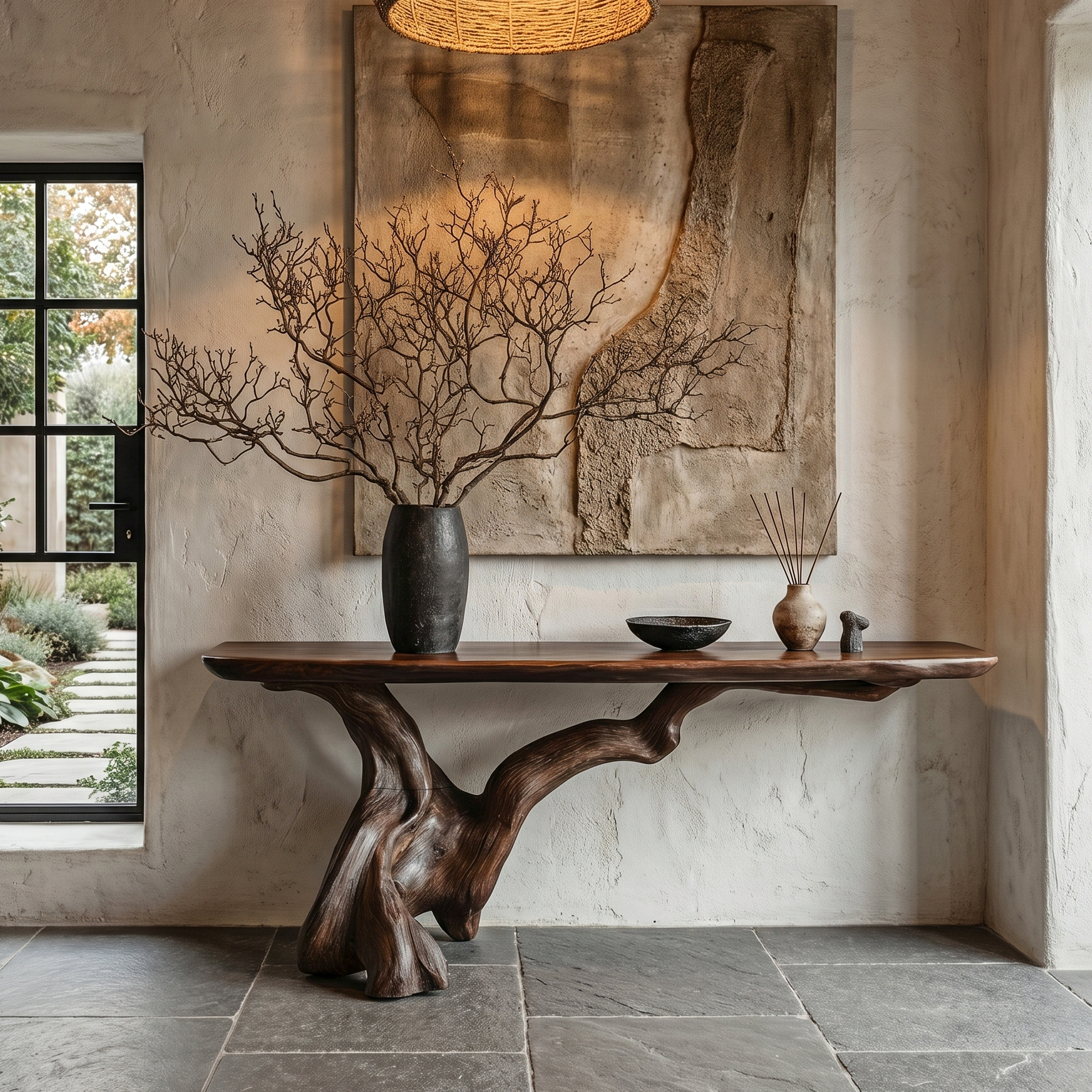 Organic Console Table With Sculptural Open Ring Wood Base For Entryway And Living Room