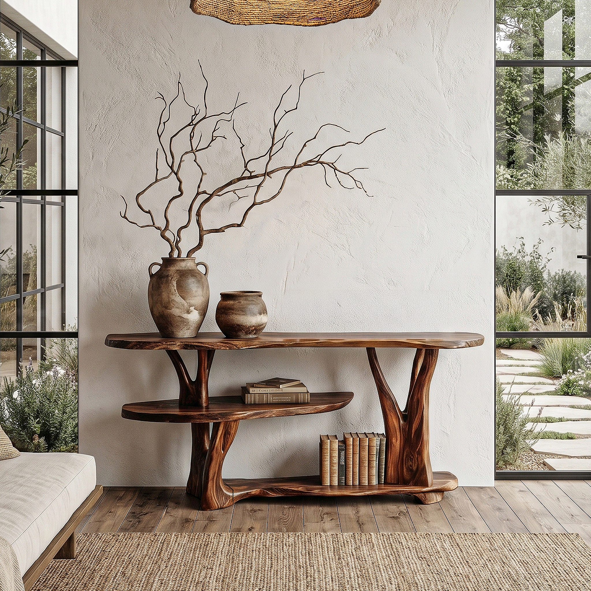 Organic Console Table With Sculptural Tree Root Base And Open Shelf Storage For Entryway And Living Room