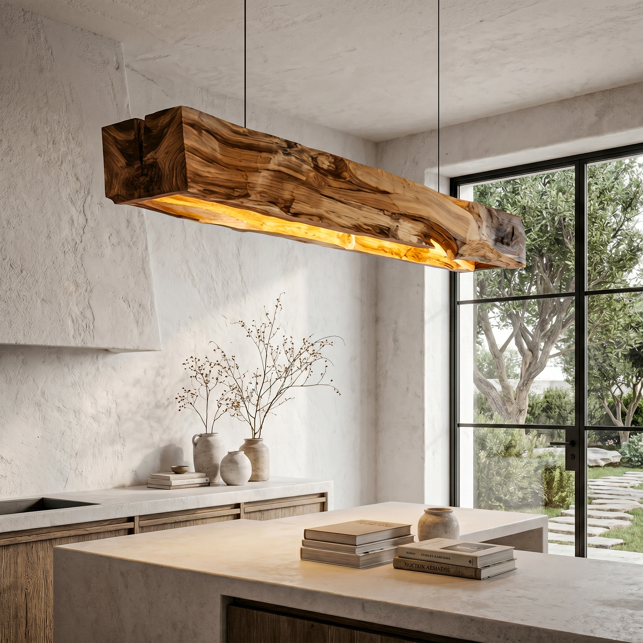 Organic Modern Pendant Light With Sculptural Wood Beam For Living Room And Kitchen