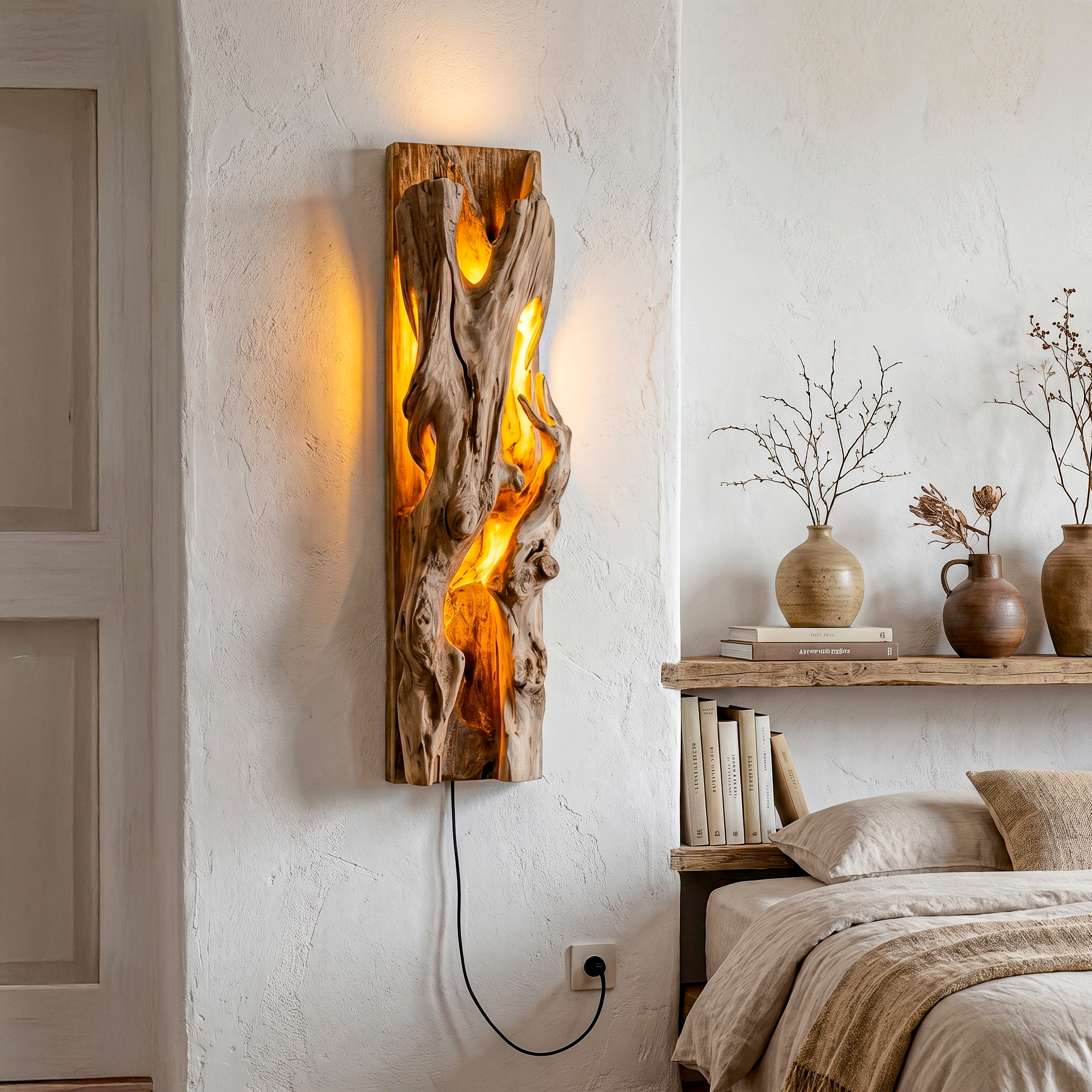Rustic Live Edge Wall Sconce With Natural Wood Sculpture For Living Room