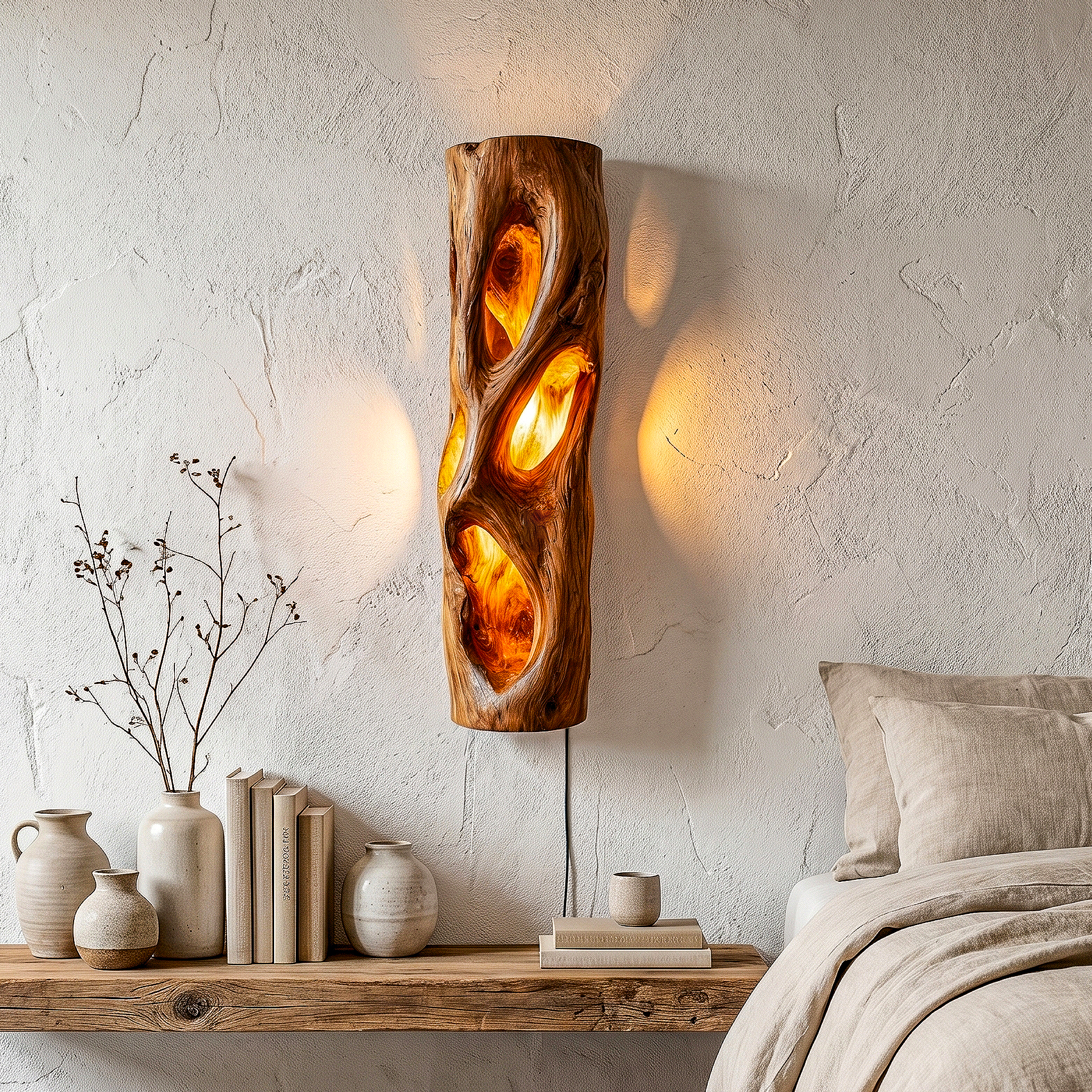 Sculptural Natural Wood Wall Sconce For Bedroom And Living Room