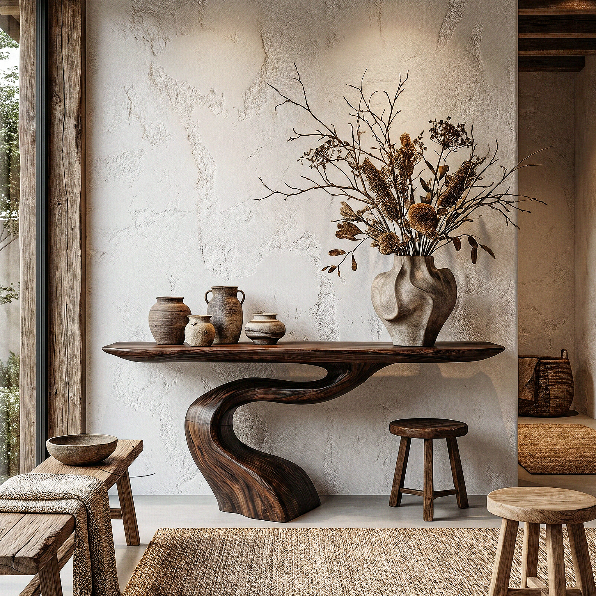 Organic Modern Console Table With Artistic Tree Root Base For Entryway