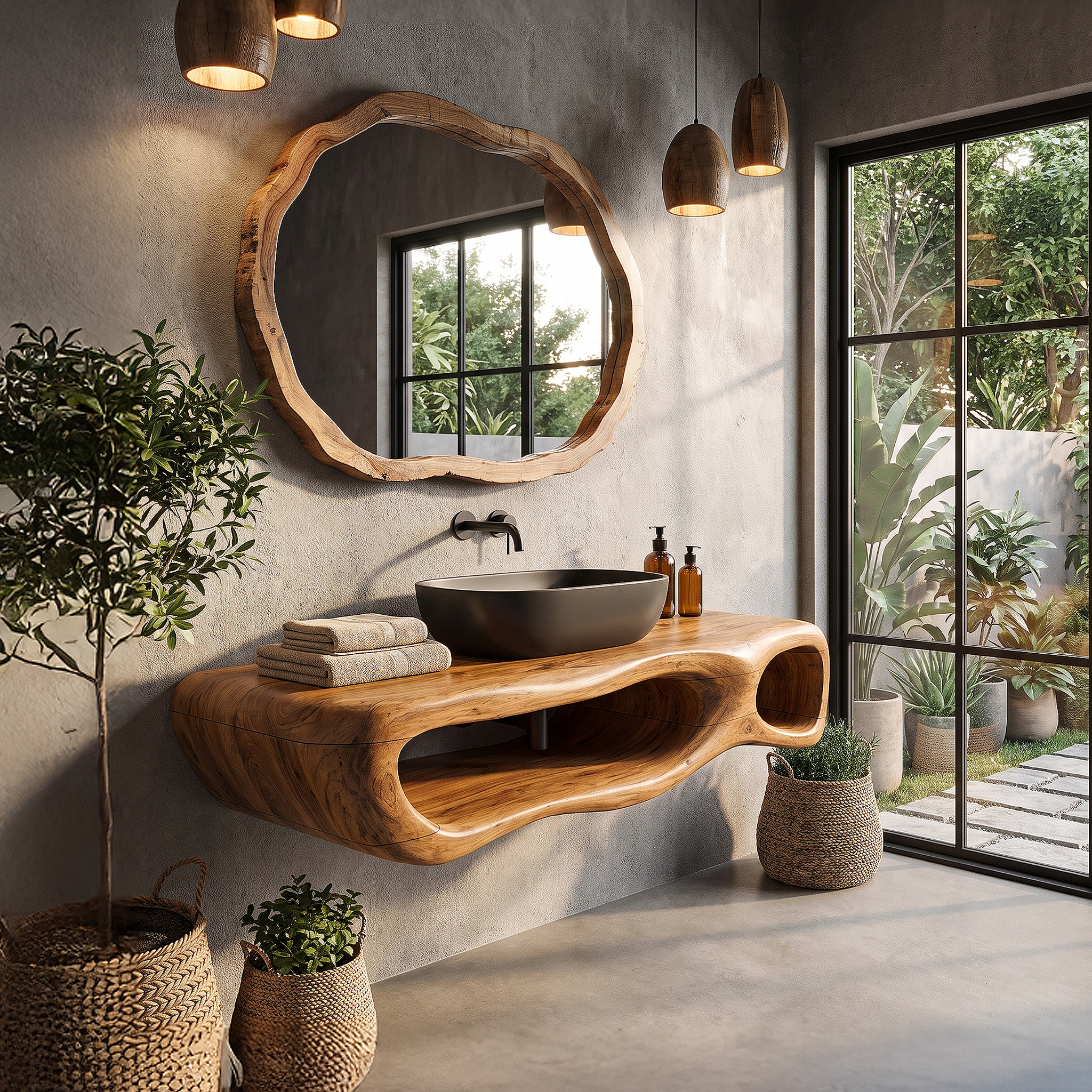 Modern Wall Mounted Bathroom Vanity With Organic Wood Base For Bathroom