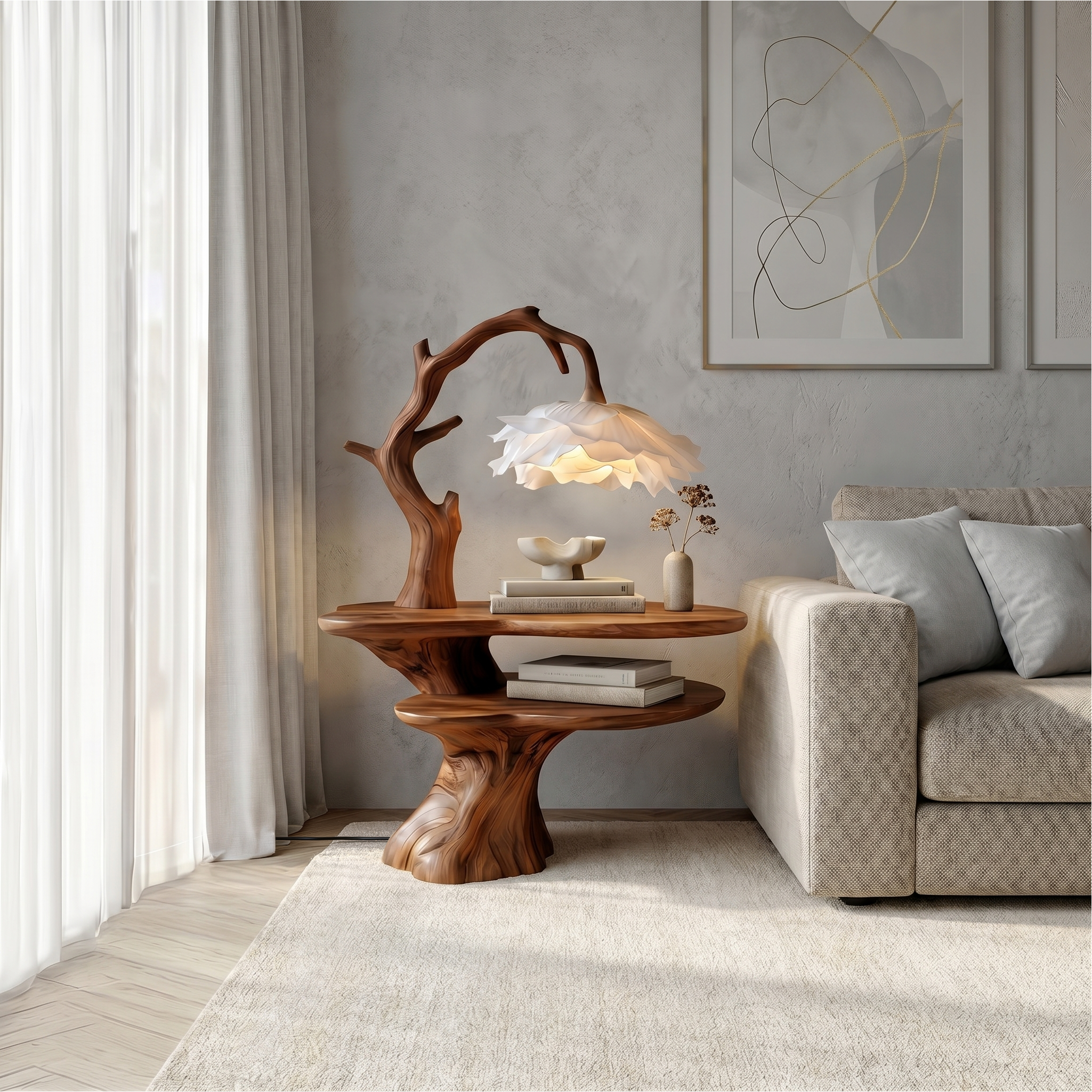 Natural Bedside Table With Floral Lamp And Tree Branch Form For Bedroom And Guest Room