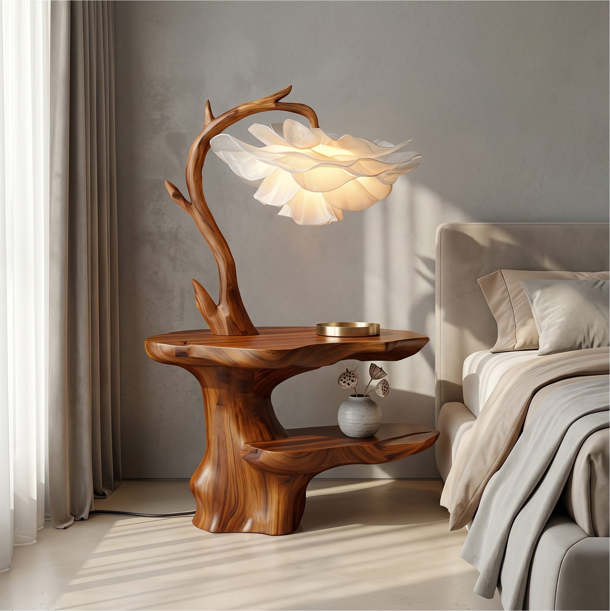 Organic End Table With Flower Lamp And Tree Branch Design For Bedroom And Reading Nook