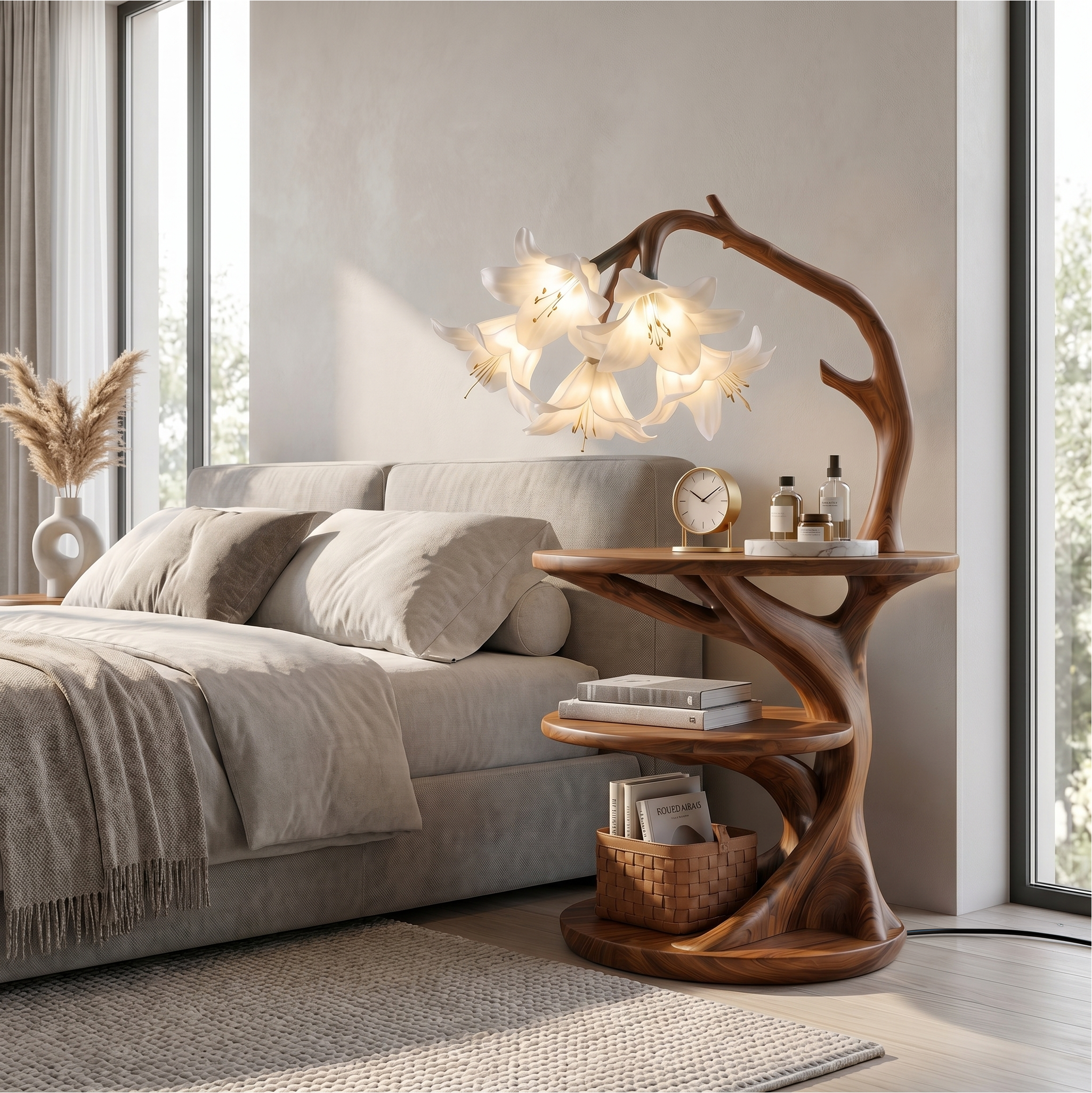 Rustic Side Table With Flower Shade Lamp For Bedroom And Living Room