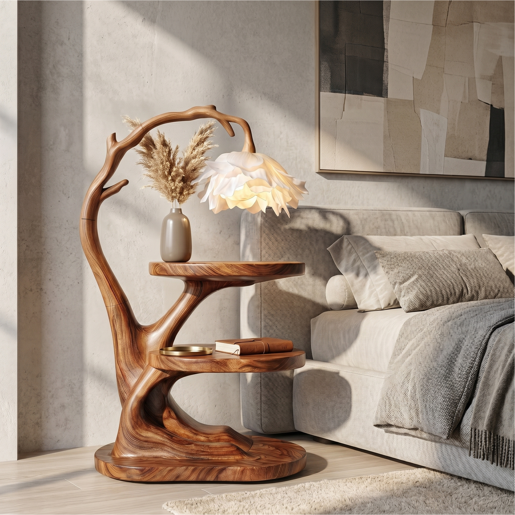Organic Bedside Table With Sculptural Flower Lamp For Bedroom And Reading Nook