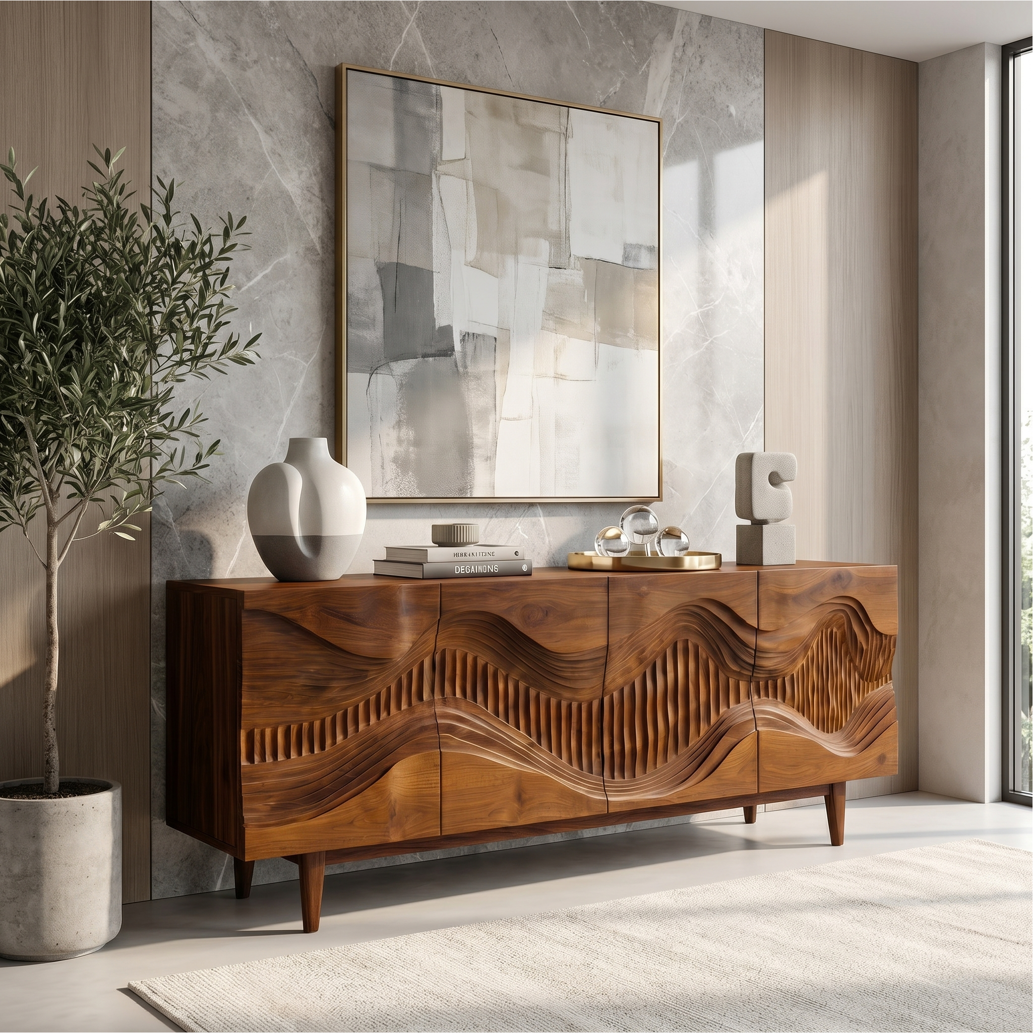 Mid Century Storage Cabinet With Sculptural Wave Carved Wood Doors For Living Room