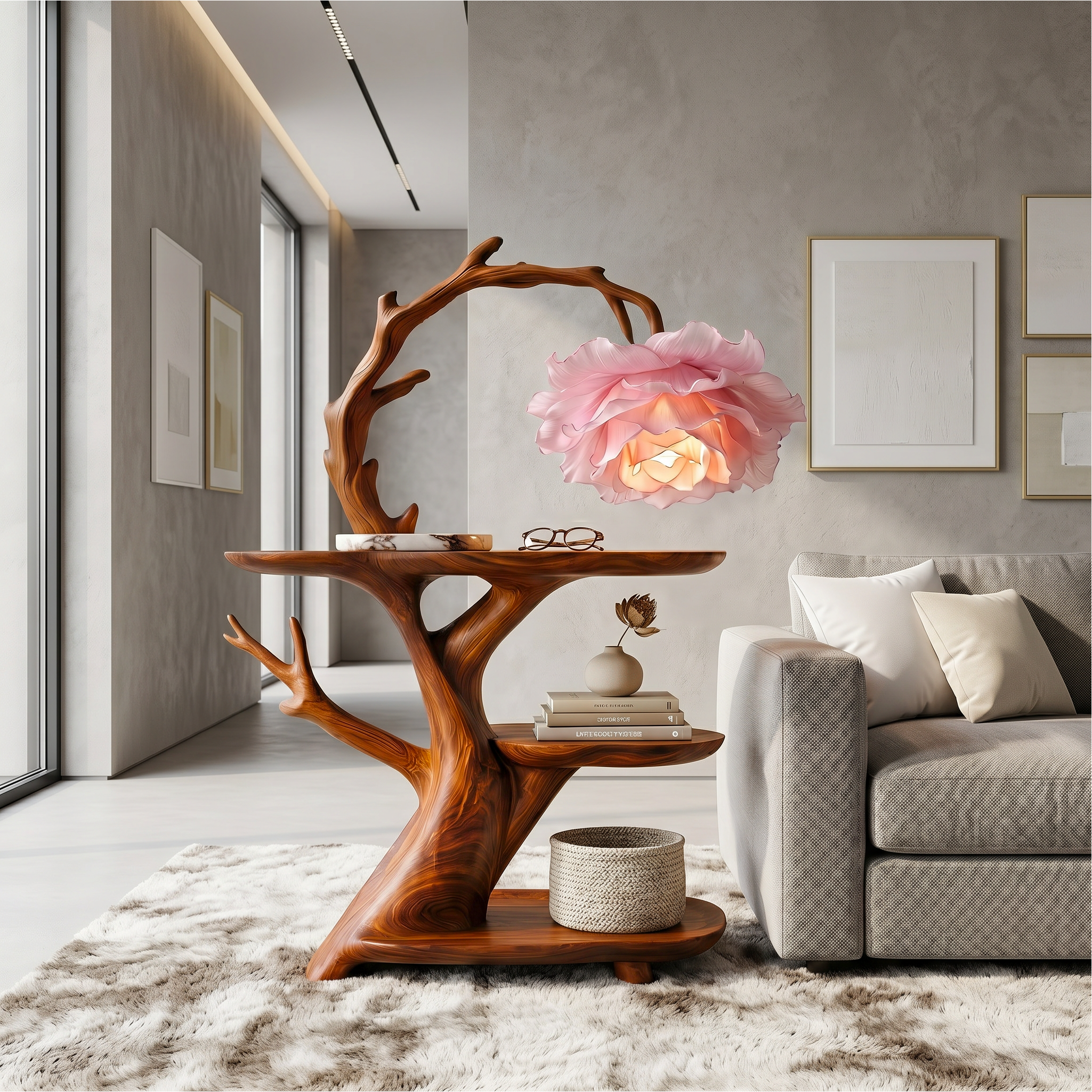 Contemporary Side Table With Floral Accent Lamp For Bedroom And Lounge