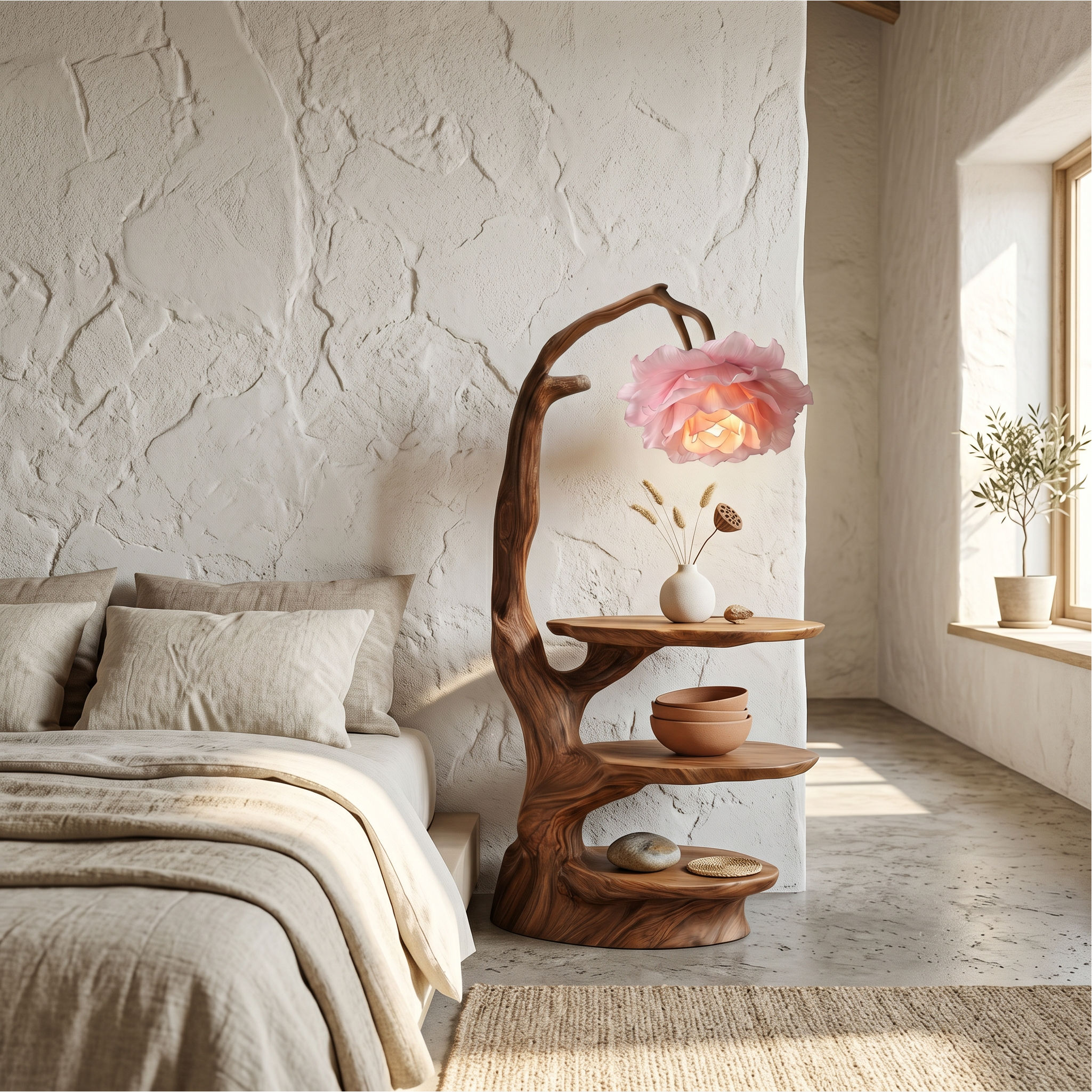 Natural End Table With Tree Branch Form And Flower Lamp For Bedroom And Reading Nook