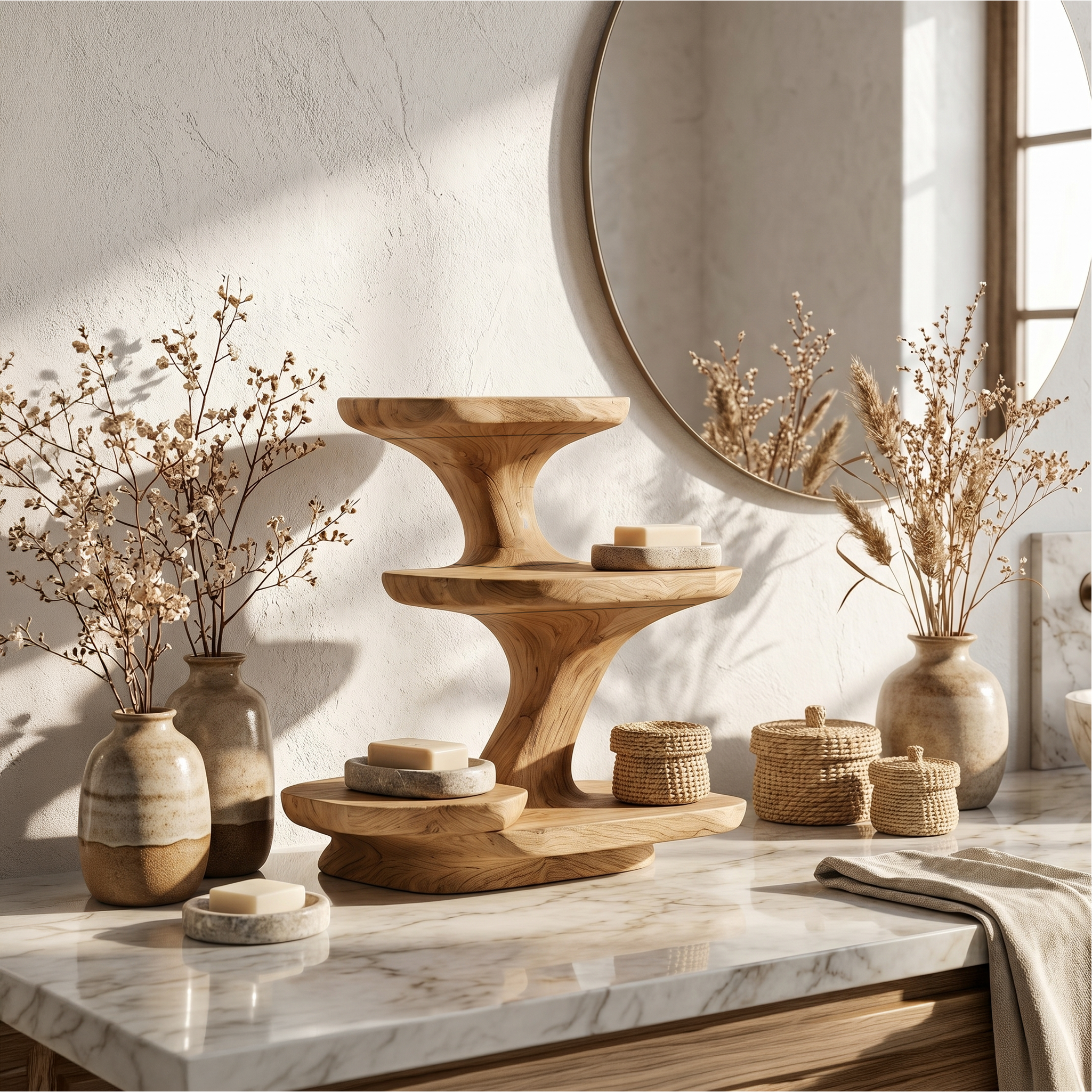 Organic Modern Bathroom Vanity Shelf With Sculptural Tiered Storage For Bathroom