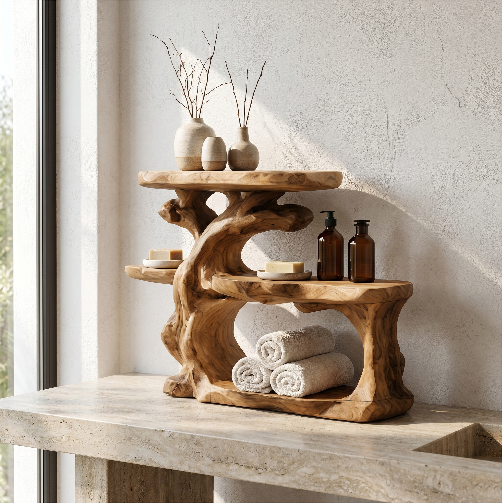 Rustic Bathroom Counter Organizer Shelf With Artistic Wood Form For Bathroom