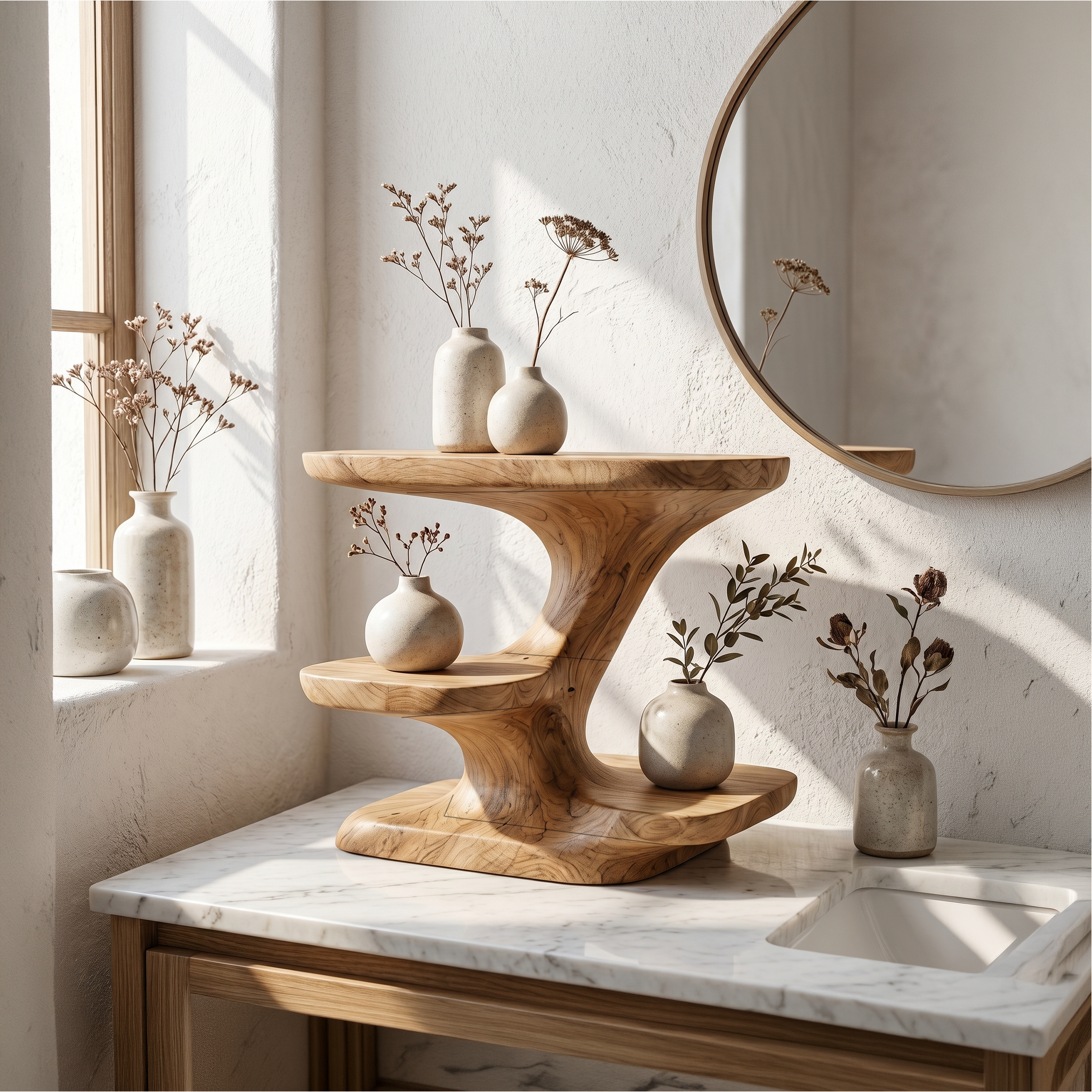 Modern Organic Bathroom Vanity Organizer With Tiered Wood Shelves For Bathroom