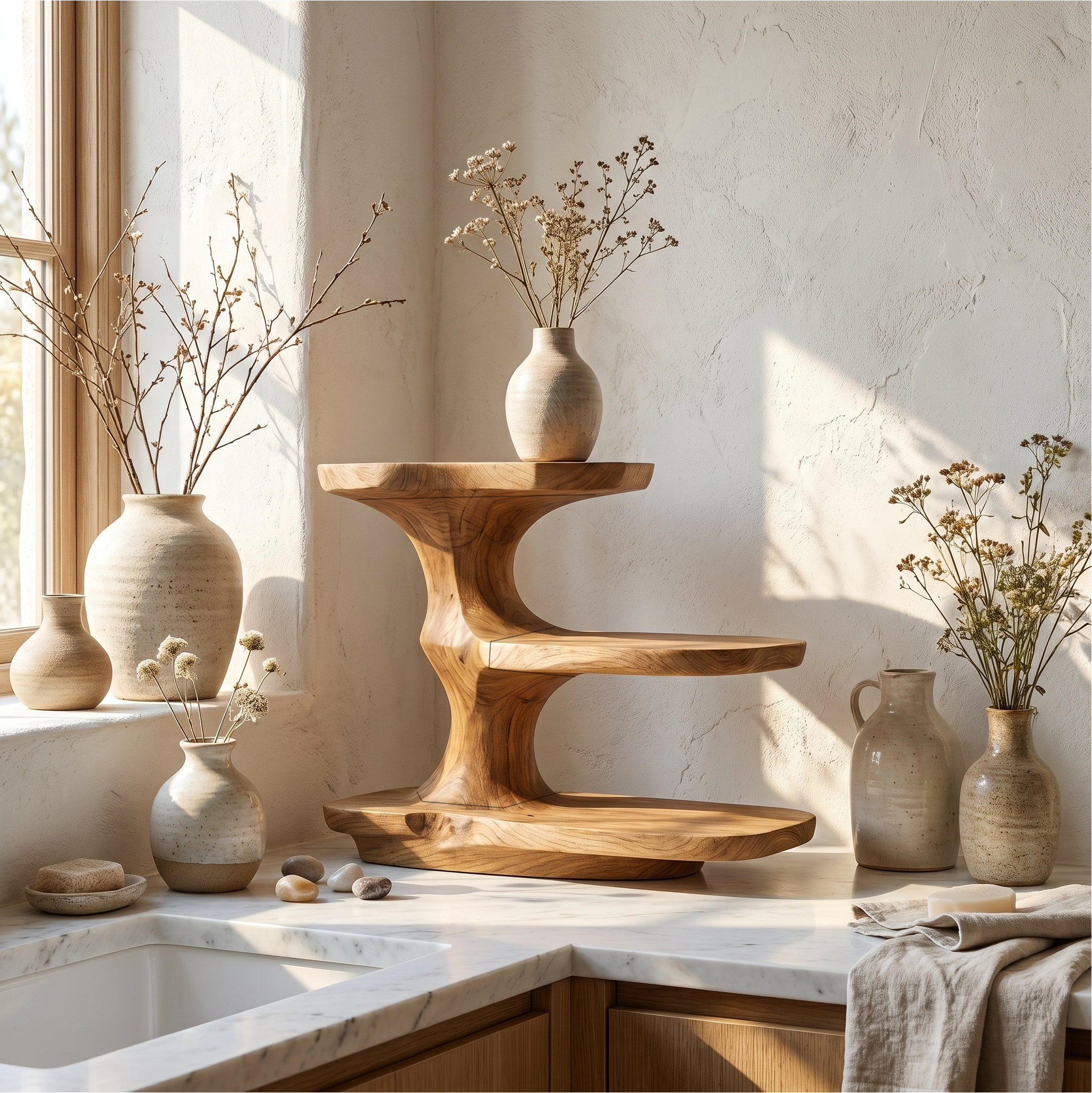 Minimalist Bathroom Shelf With Curved Wooden Storage