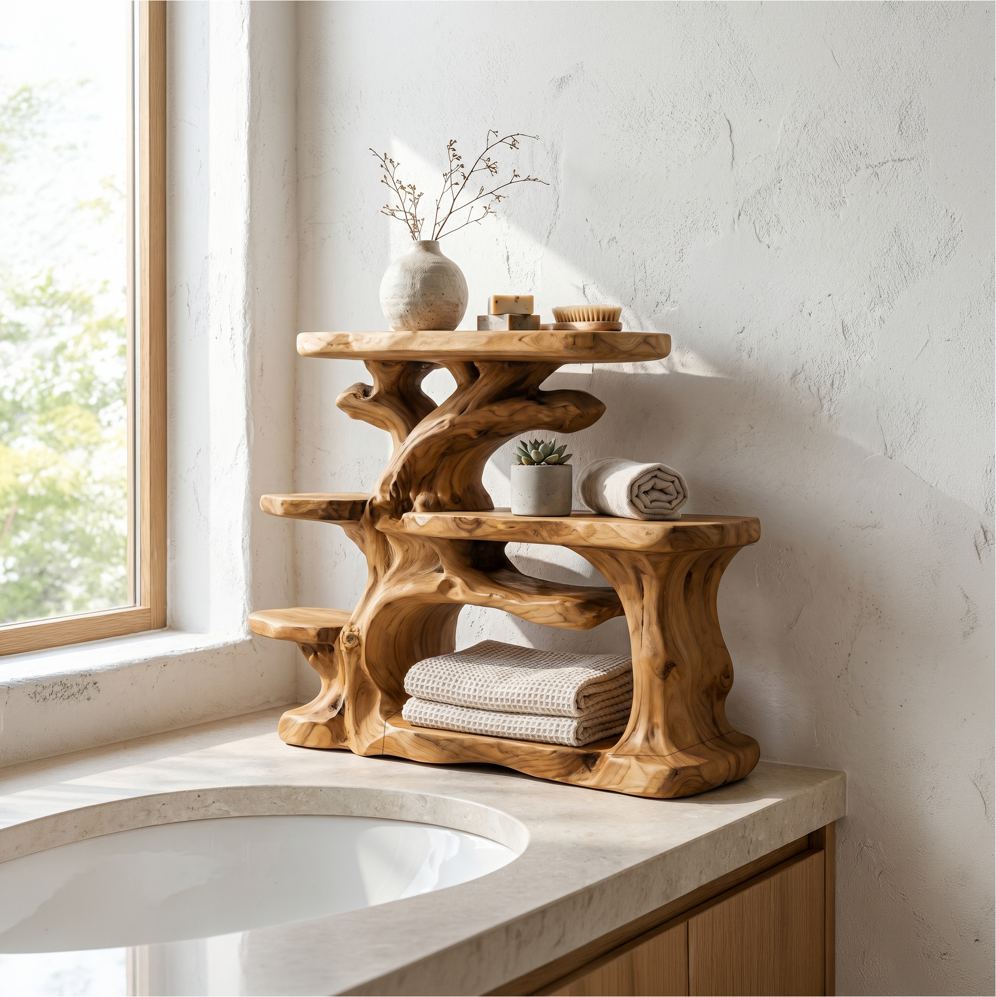 Nature Inspired Bathroom Organizer With Wooden Shelves For Bathroom