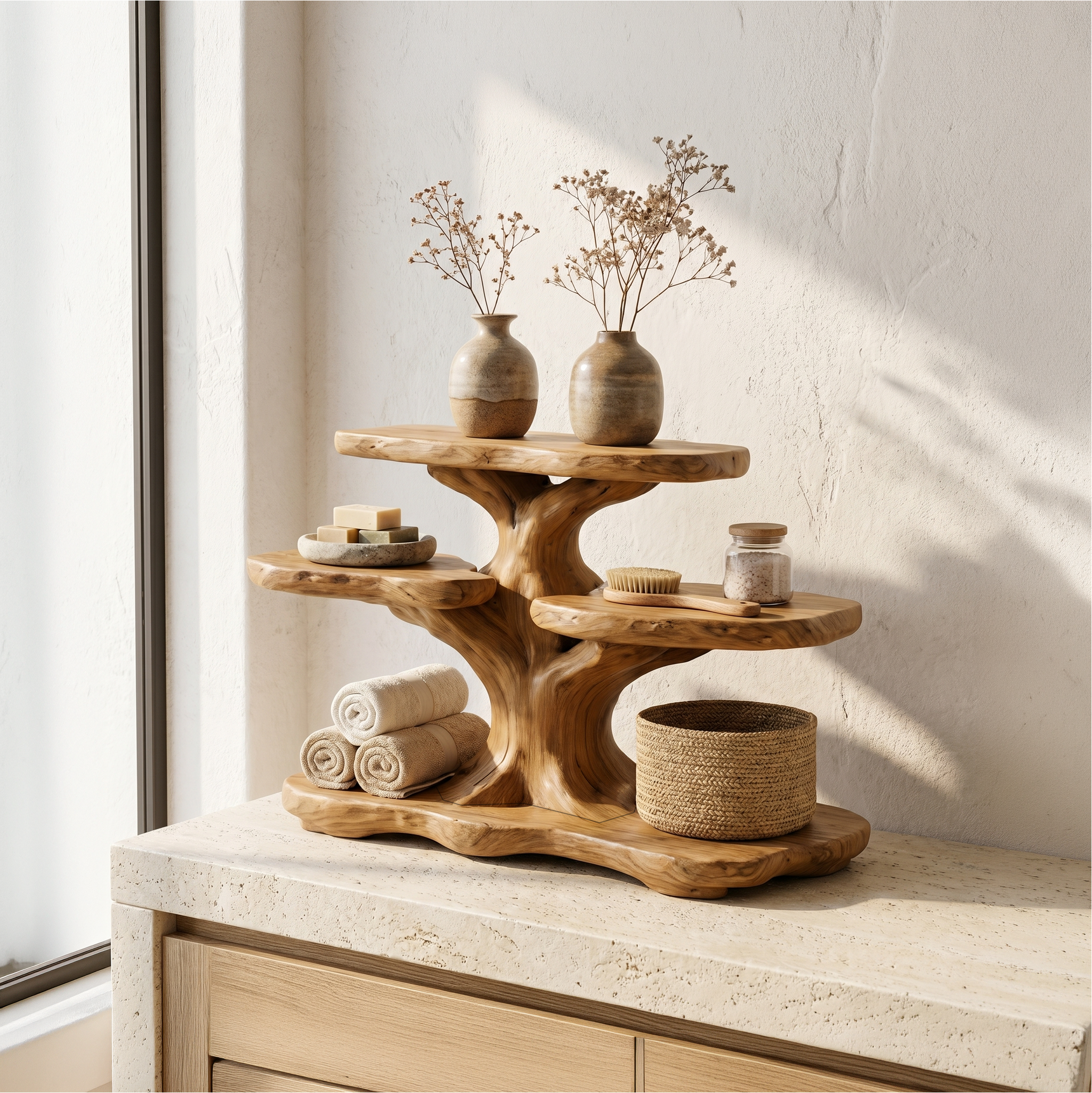 Contemporary Tree Bathroom Organizer With Floating Wood Shelves