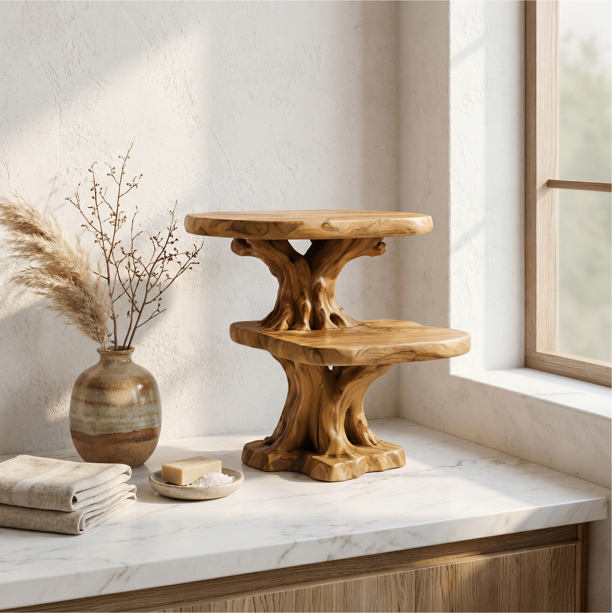 Rustic Tree Bathroom Organizer With Floating Display Shelves