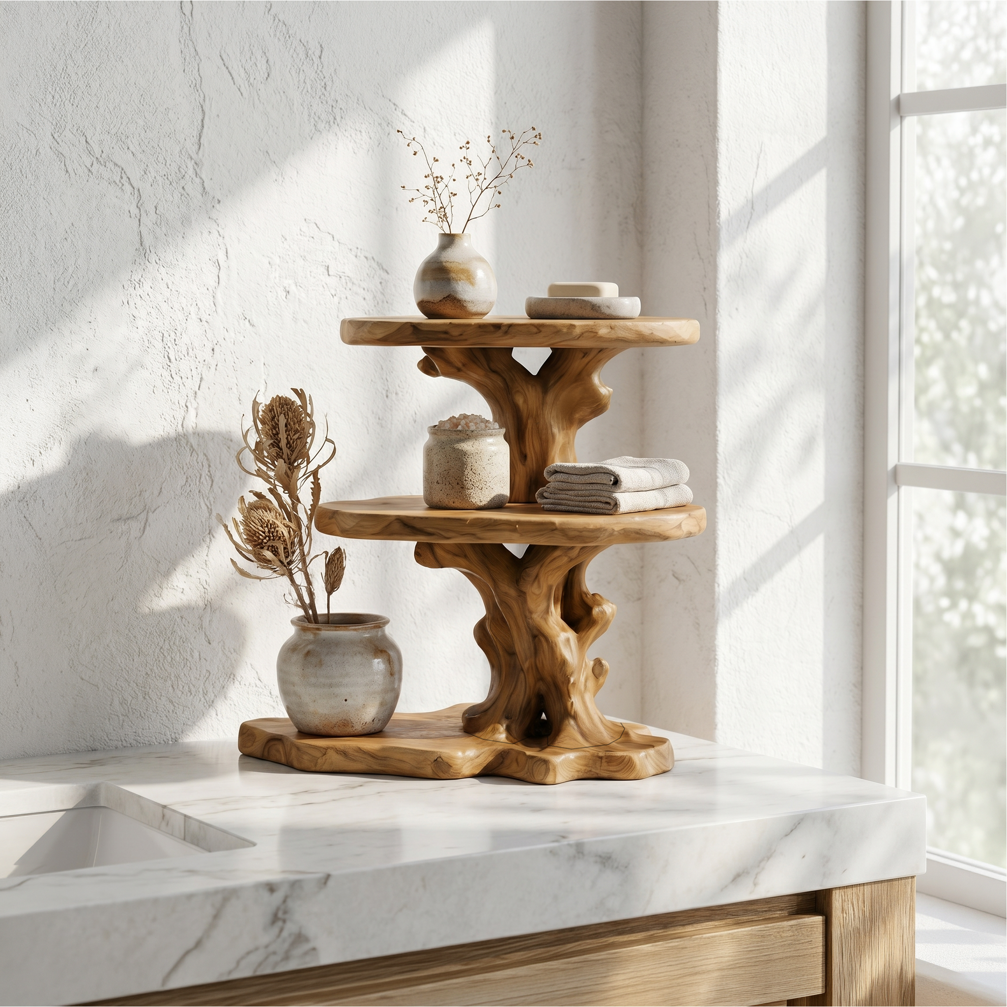Farmhouse Bathroom Shelf With Tiered Display Storage For Bathroom