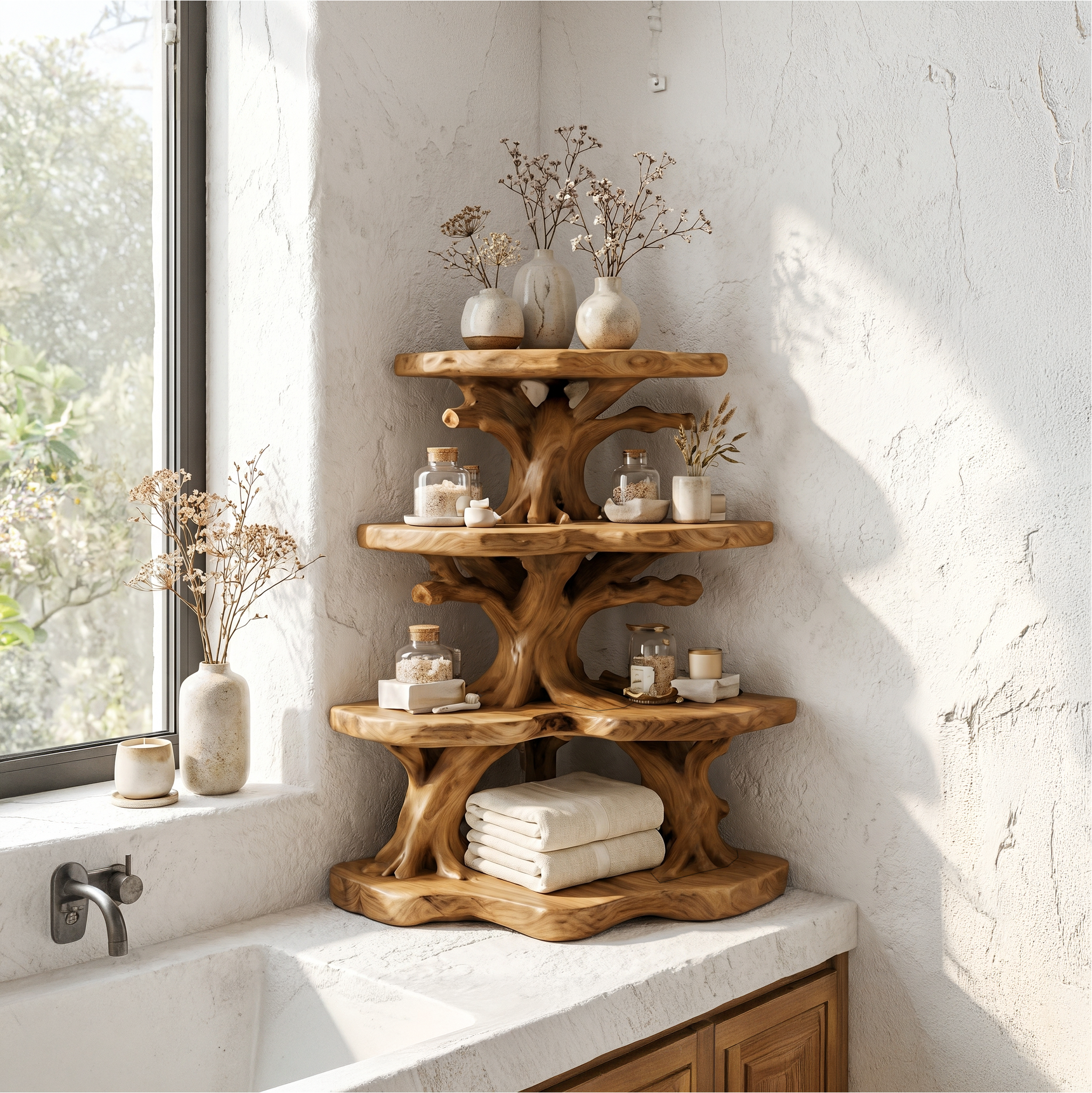 Nature Inspired Corner Bathroom Shelf With Decorative Storage For Bathroom