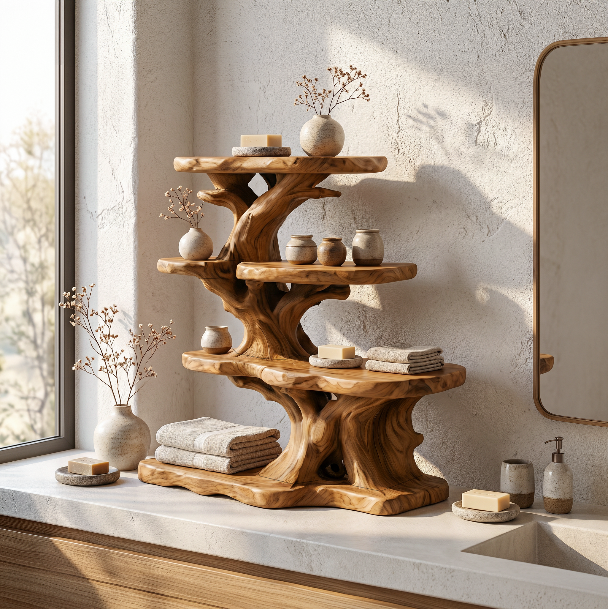 Rustic Bathroom Organizer With Tiered Display Shelves