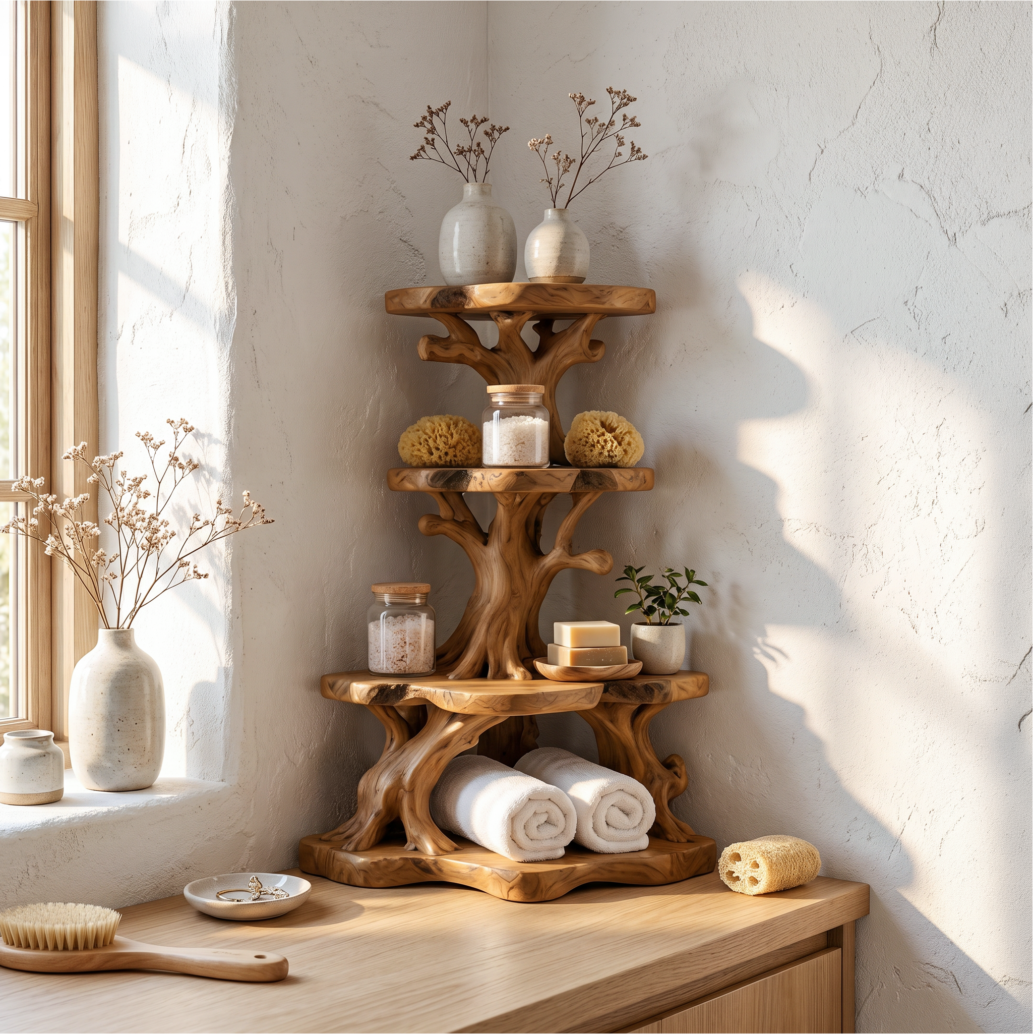 Rustic Bathroom Corner Shelf With Sculptural Wood Display Storage